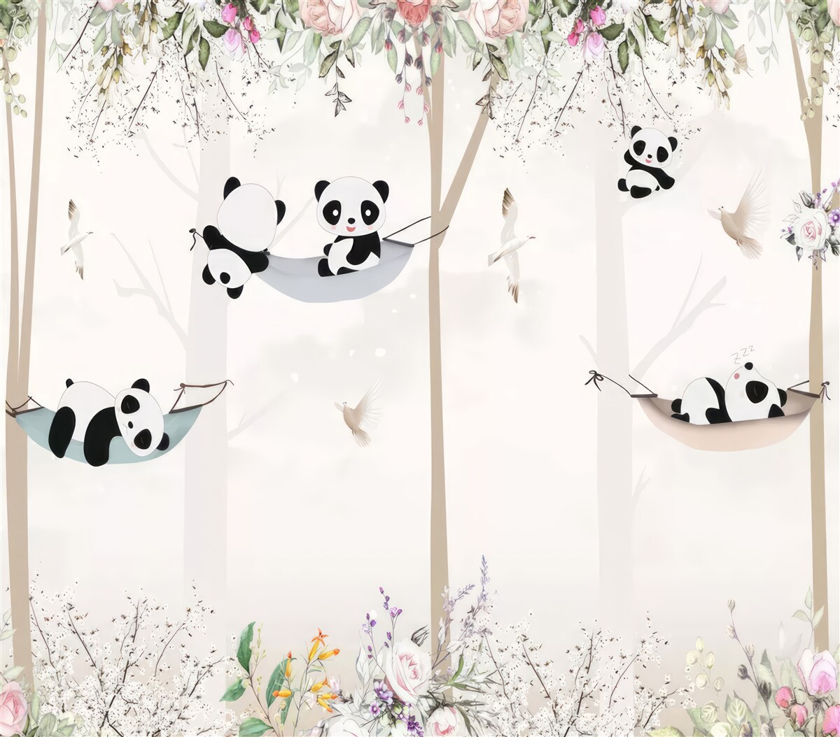 Papier peint pandas mignons sur des lits suspendus