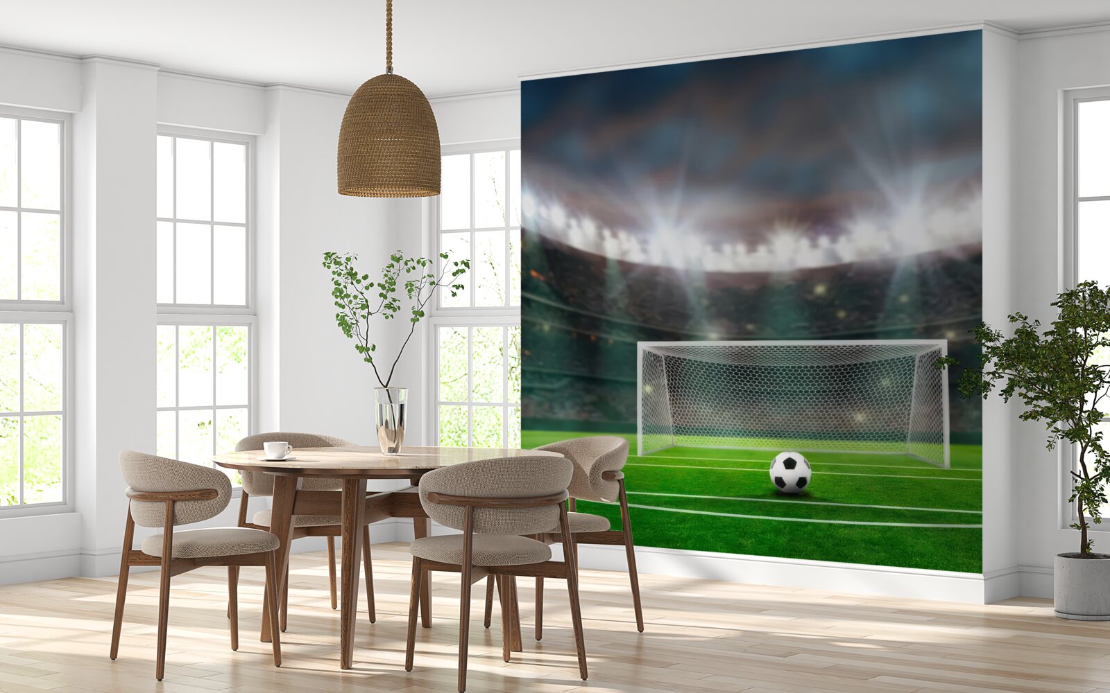 Papier peint sur le terrain, à côté du but, le ballon repose