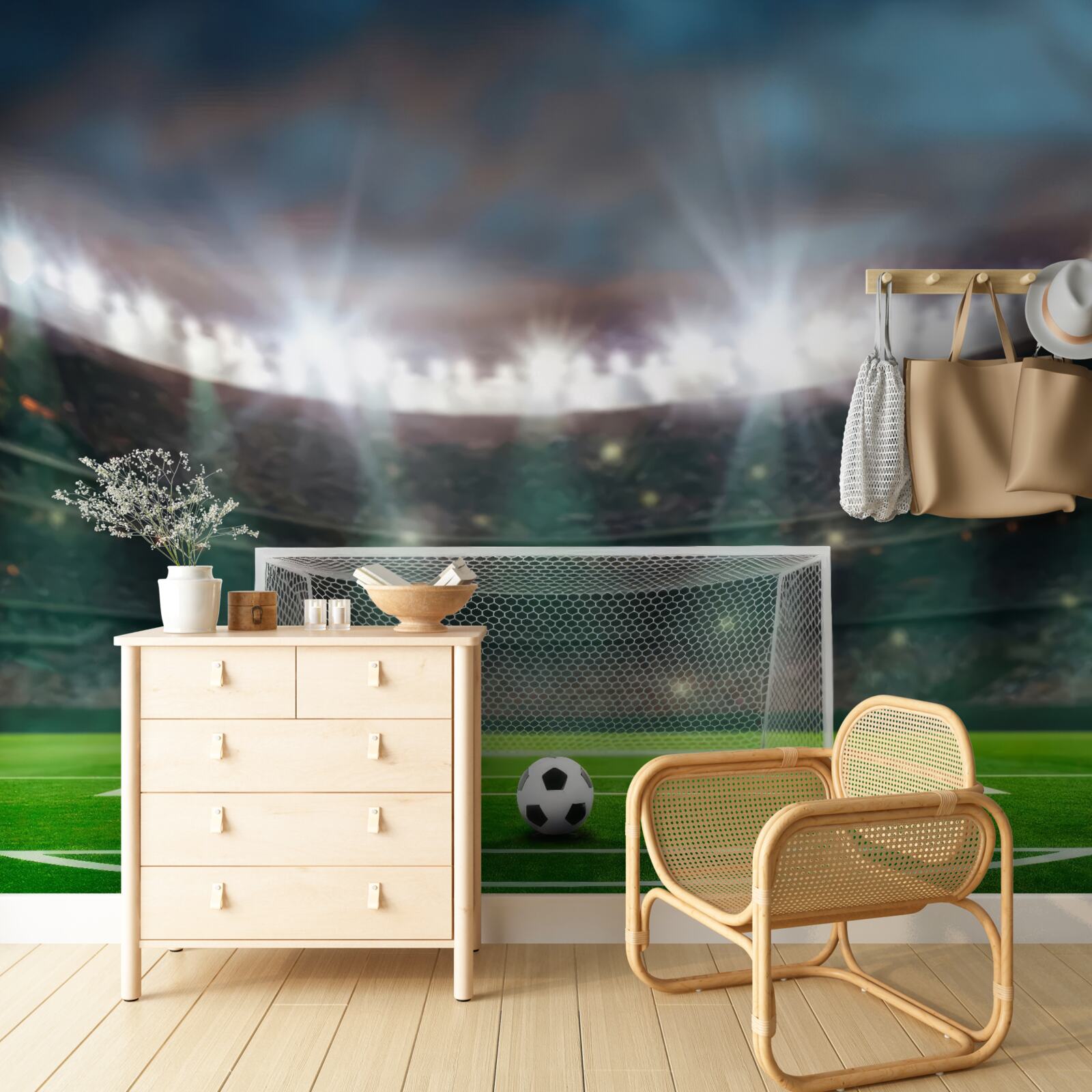 Papier peint sur le terrain, à côté du but, le ballon repose