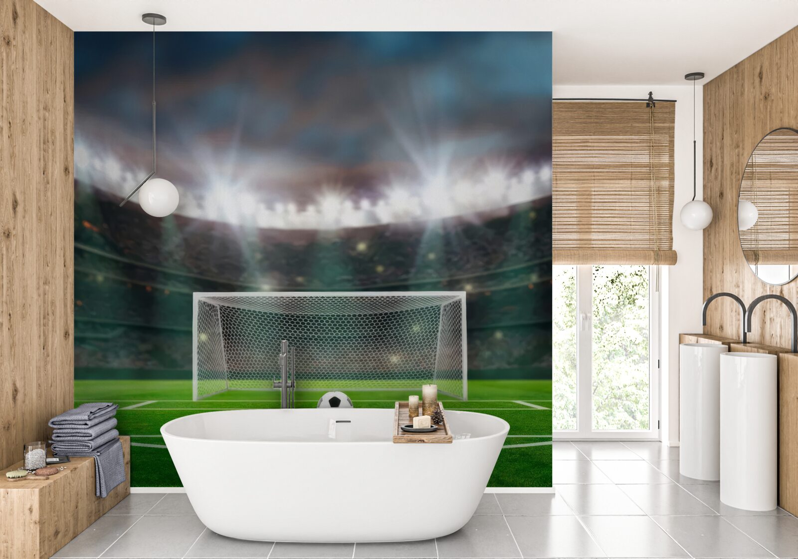 Papier peint sur le terrain, à côté du but, le ballon repose