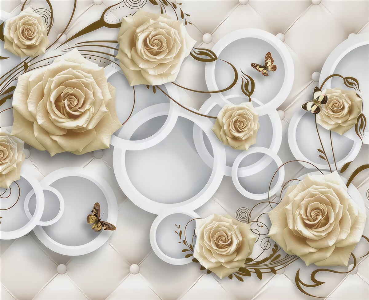 Papier peint roses crème et papillons