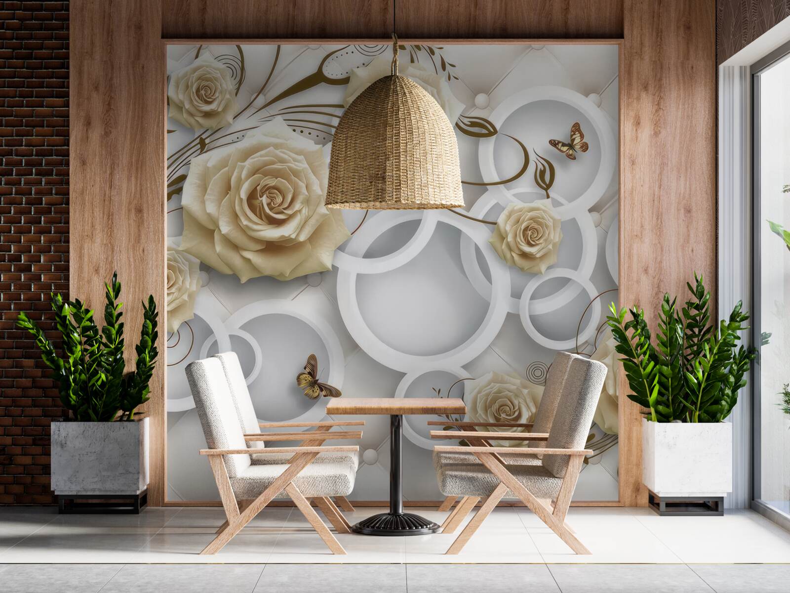 Papier peint roses crème et papillons