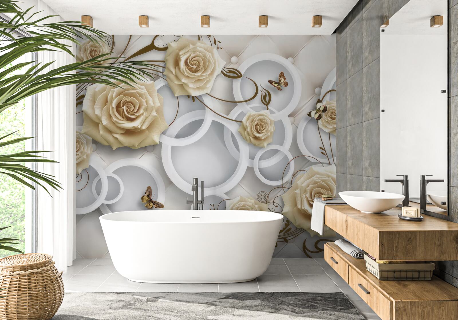 Papier peint roses crème et papillons