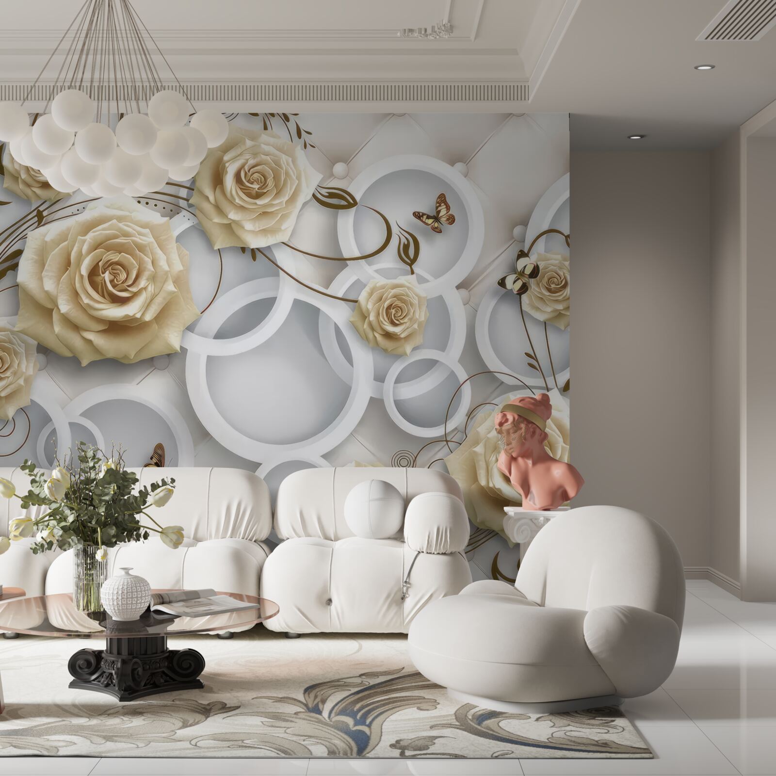 Papier peint roses crème et papillons