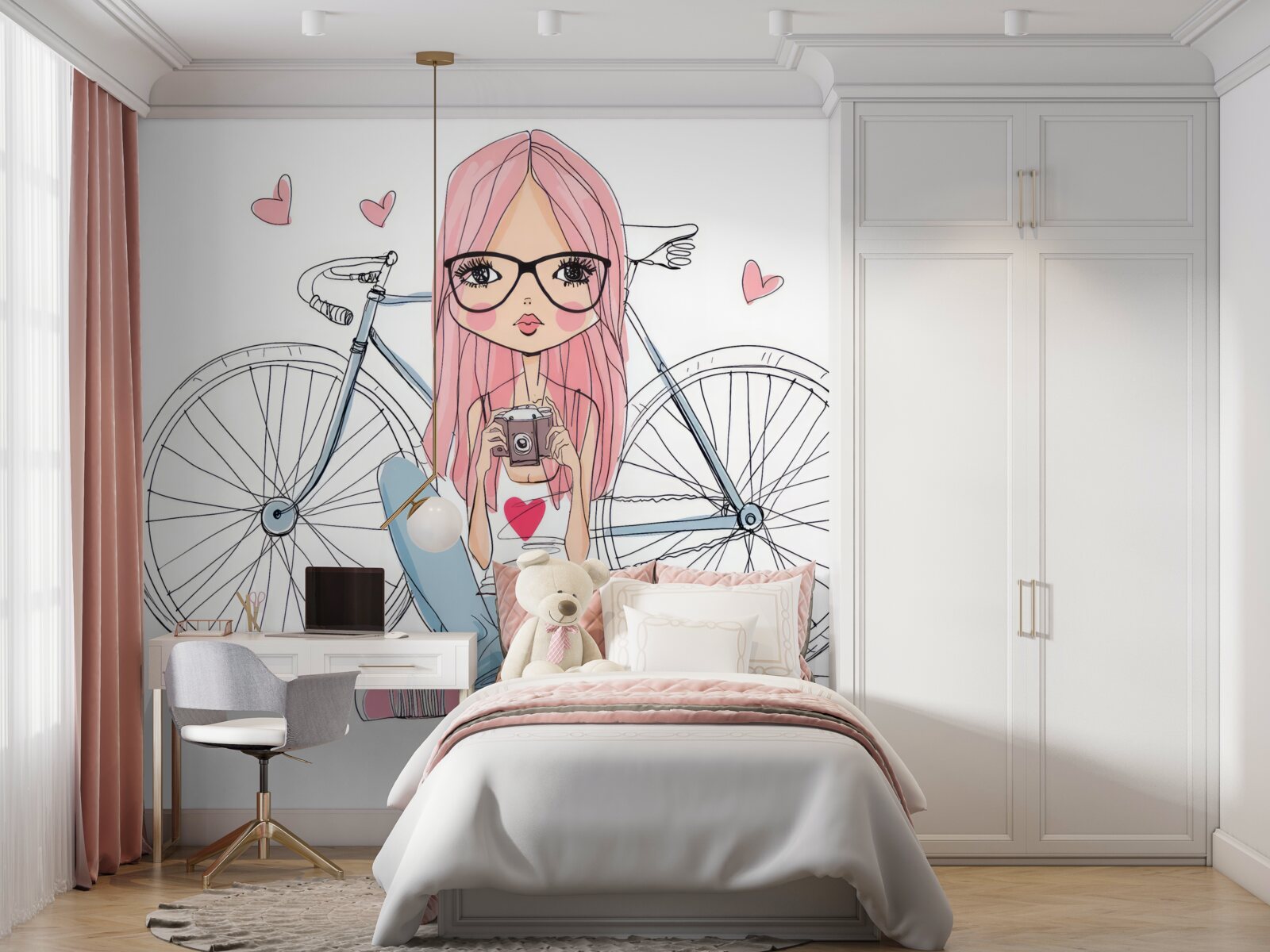 Papier peint une jeune fille avec un appareil photo dans les mains était appuyée contre un vélo