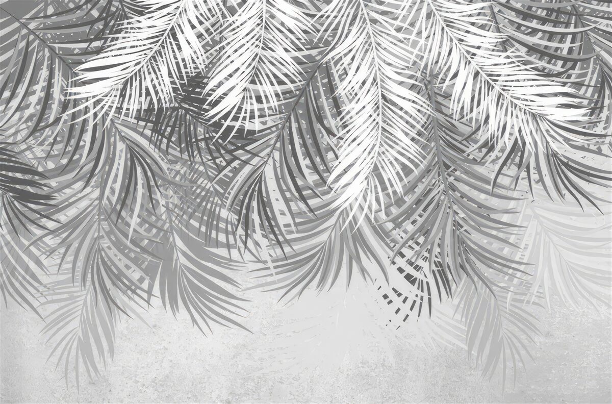 Papier peint fougères suspendues dans les tons blanc et gris