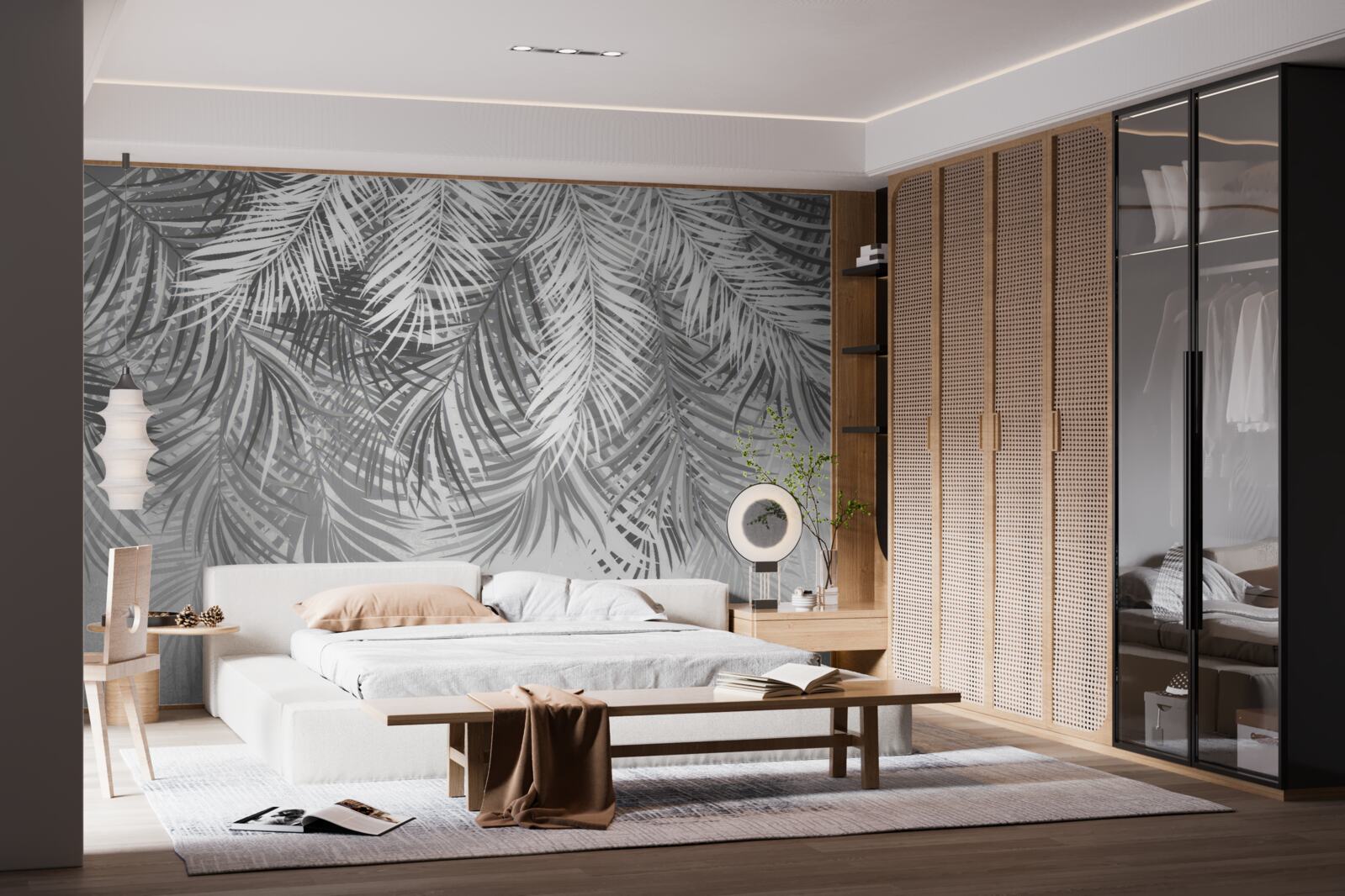 Papier peint fougères suspendues dans les tons blanc et gris