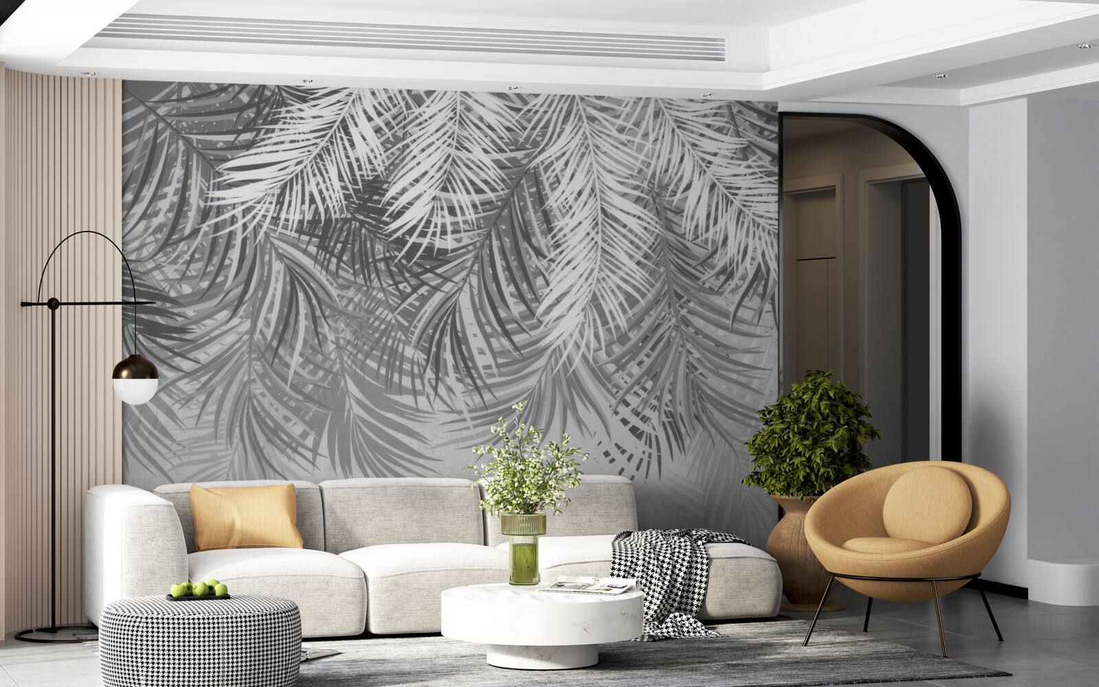 Papier peint fougères suspendues dans les tons blanc et gris