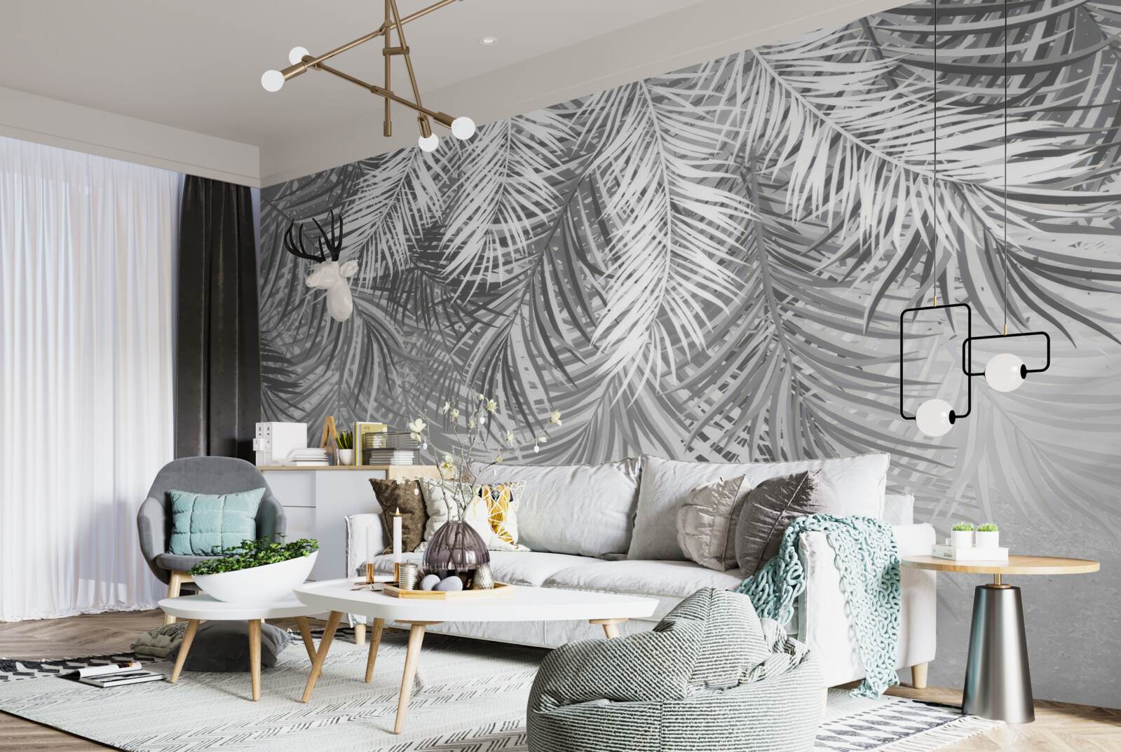 Papier peint fougères suspendues dans les tons blanc et gris