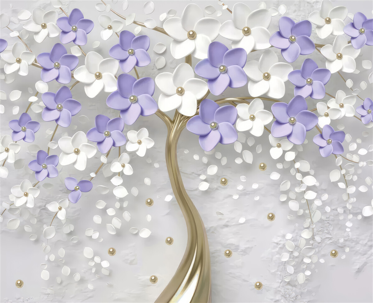 Papier peint arbre doré décoré de fleurs blanches et lilas