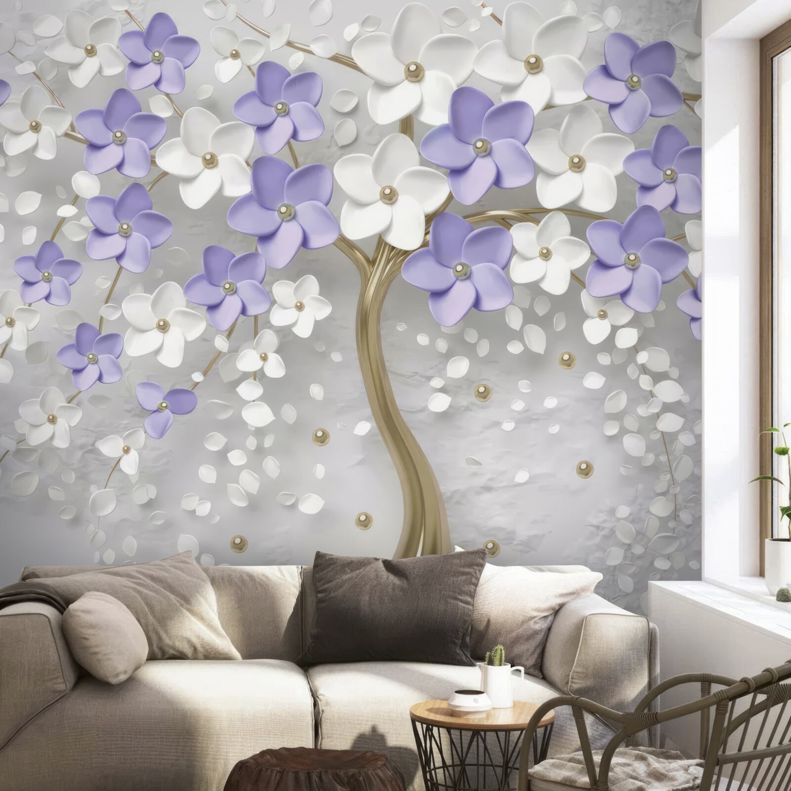 Papier peint arbre doré décoré de fleurs blanches et lilas