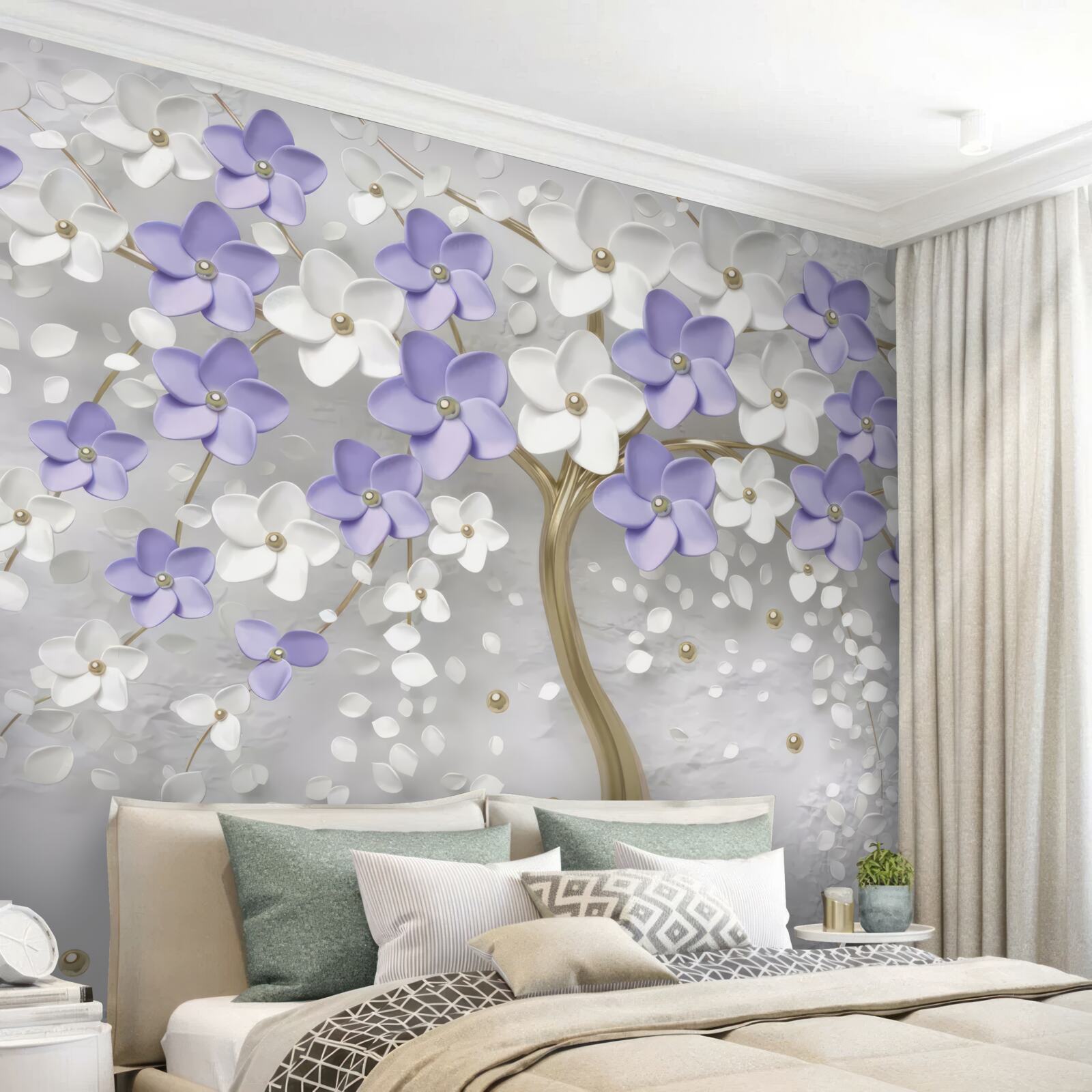 Papier peint arbre doré décoré de fleurs blanches et lilas