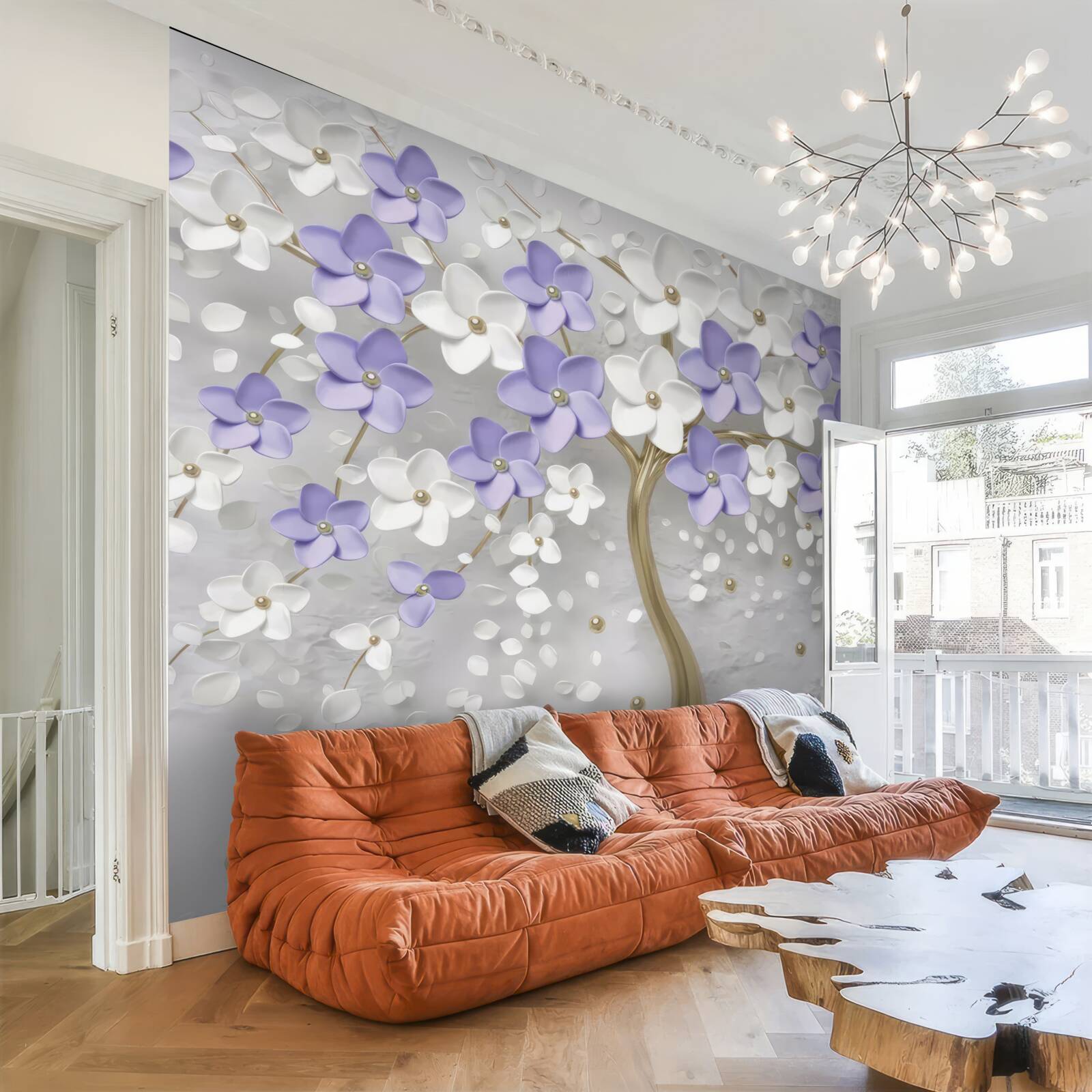 Papier peint arbre doré décoré de fleurs blanches et lilas