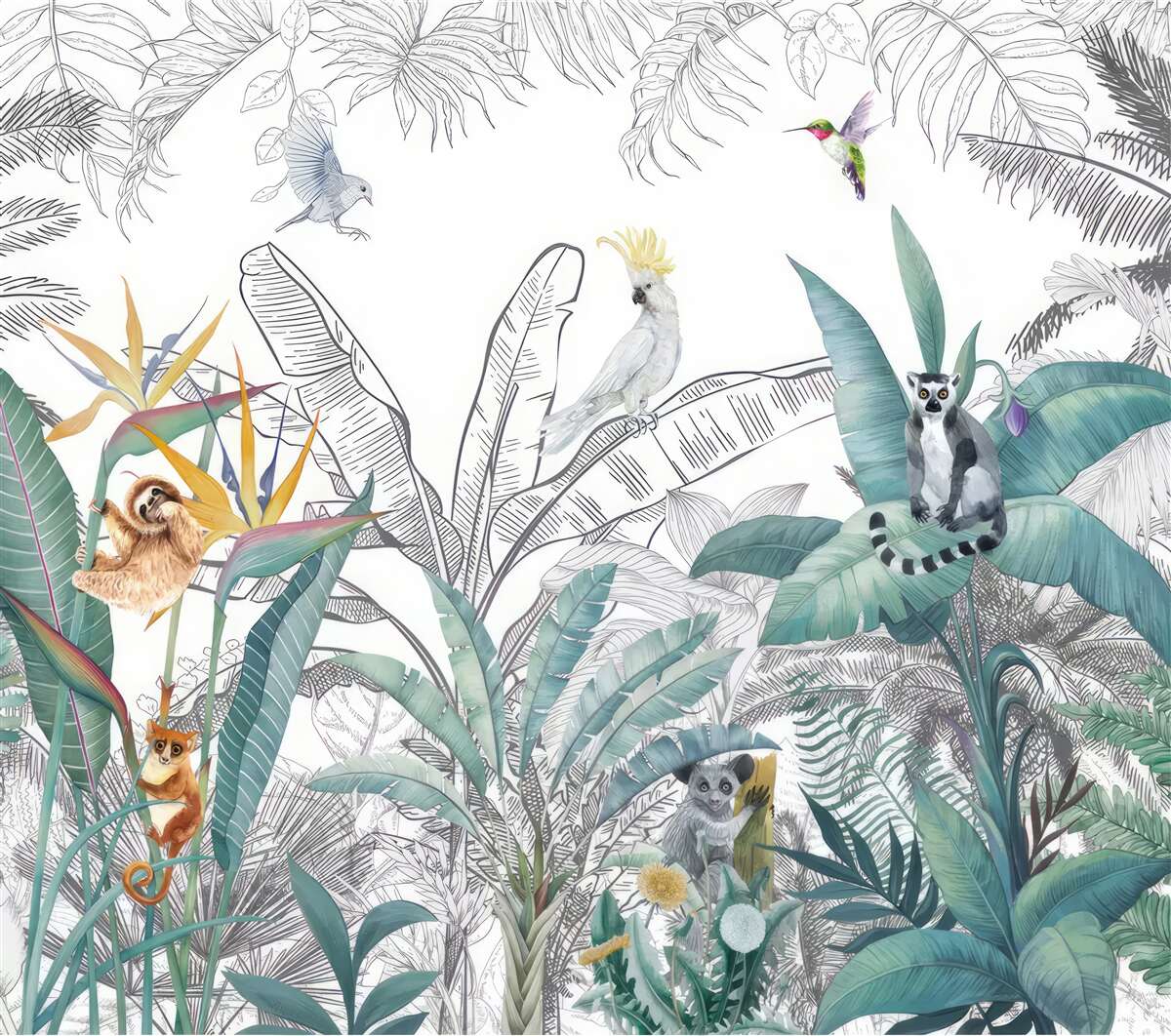 Papier peint oiseaux et animaux sur une variété de feuilles