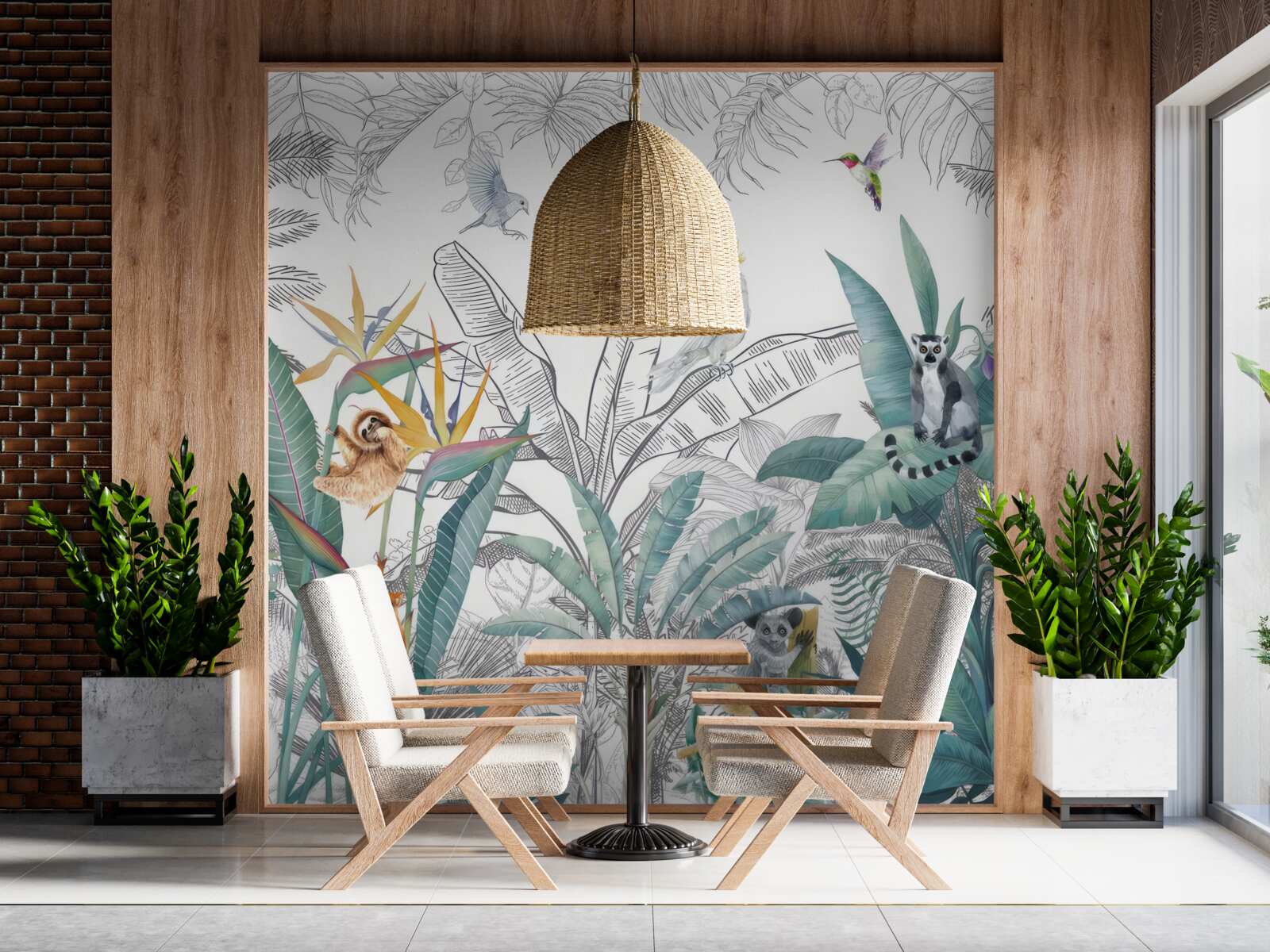 Papier peint oiseaux et animaux sur une variété de feuilles