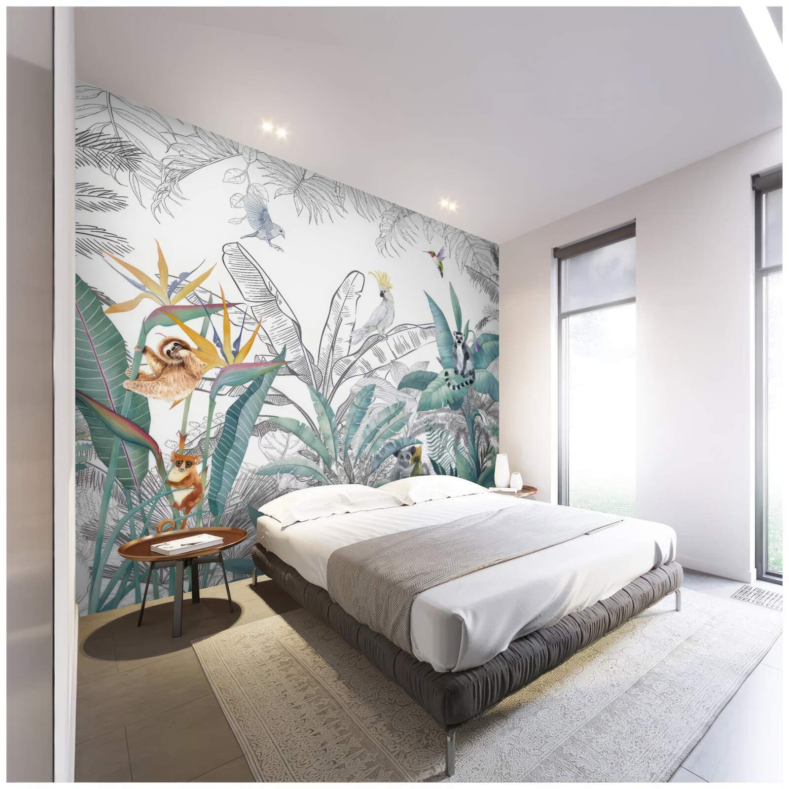 Papier peint oiseaux et animaux sur une variété de feuilles