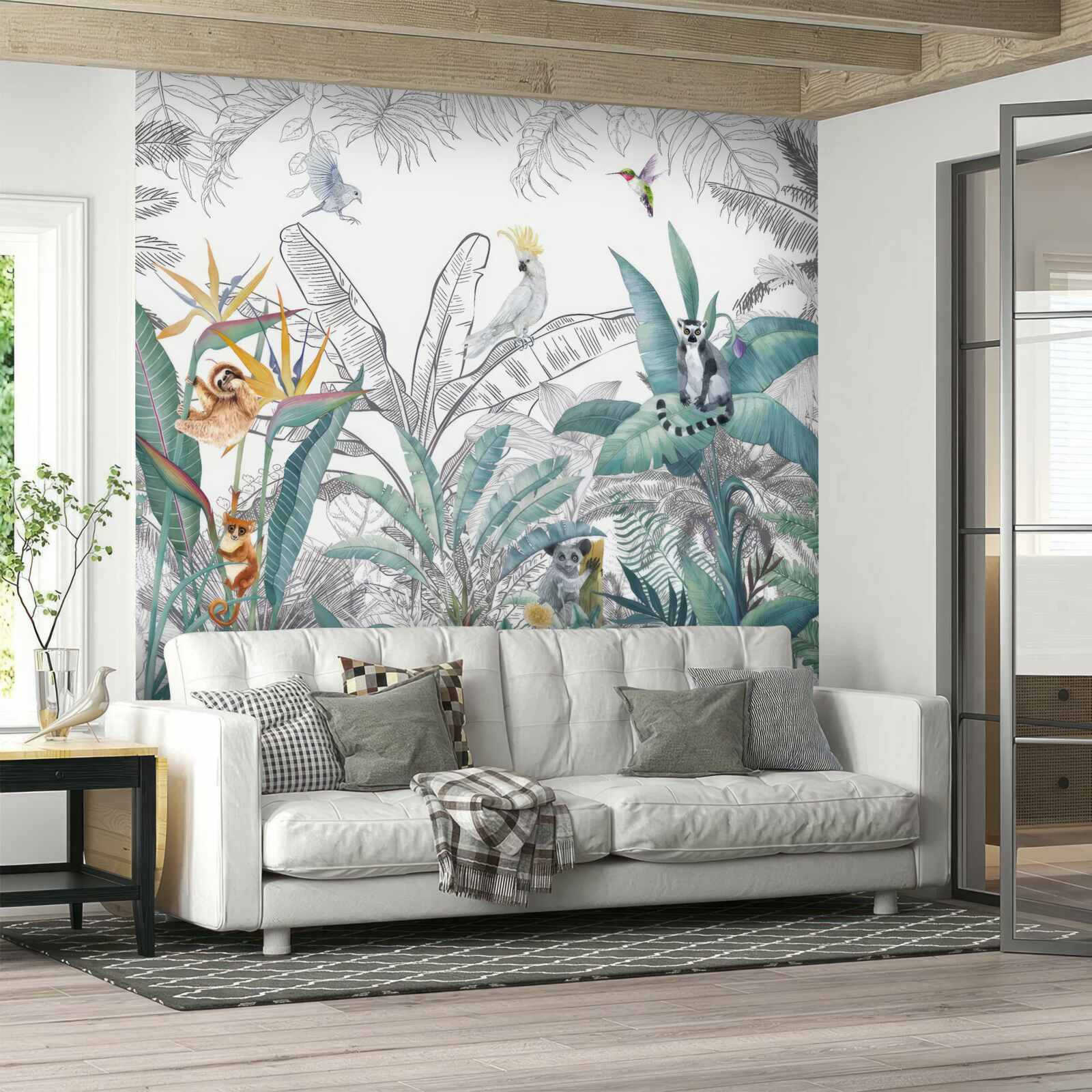 Papier peint oiseaux et animaux sur une variété de feuilles