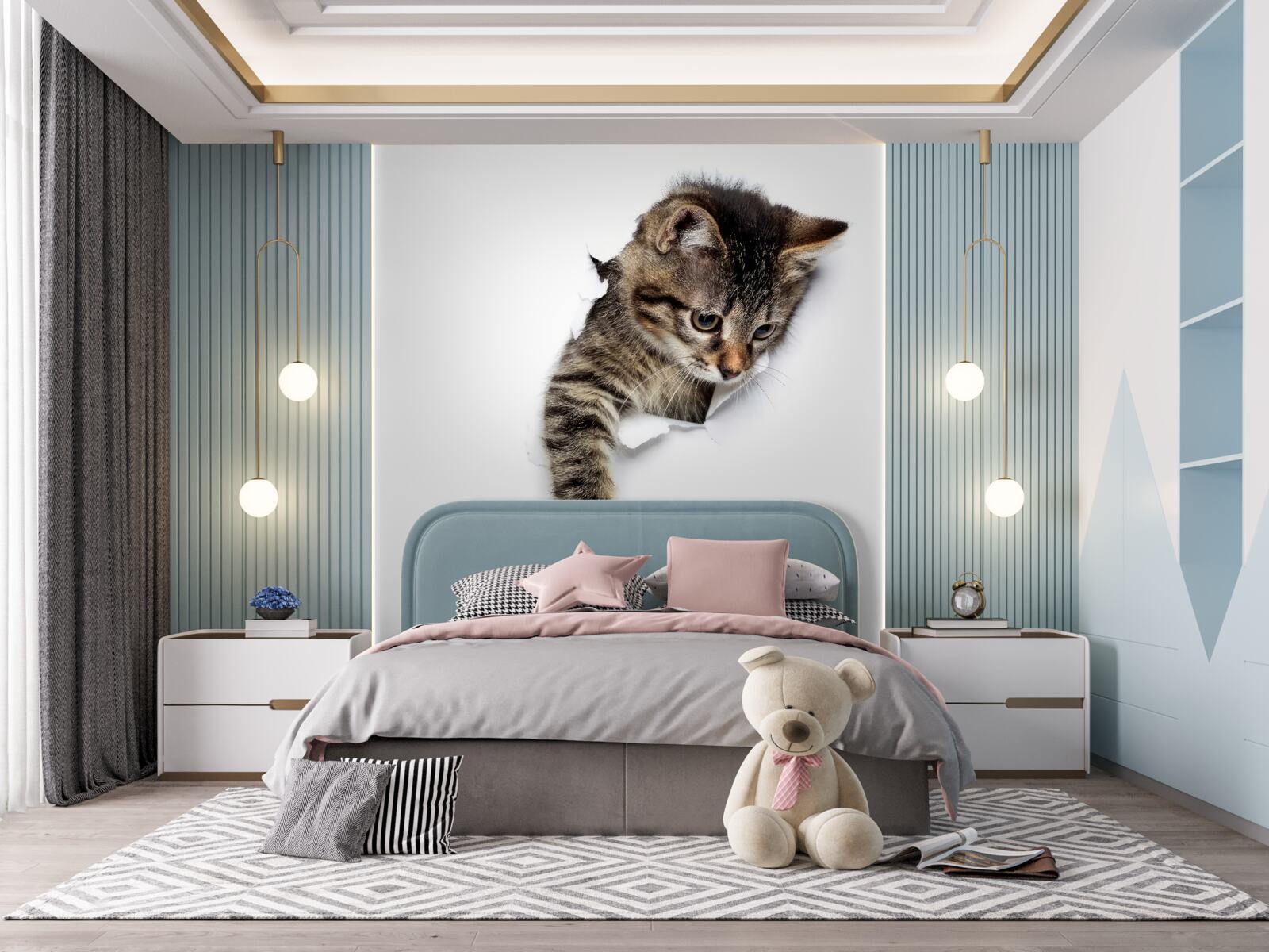 Papier peint un chaton émerge d'un mur blanc