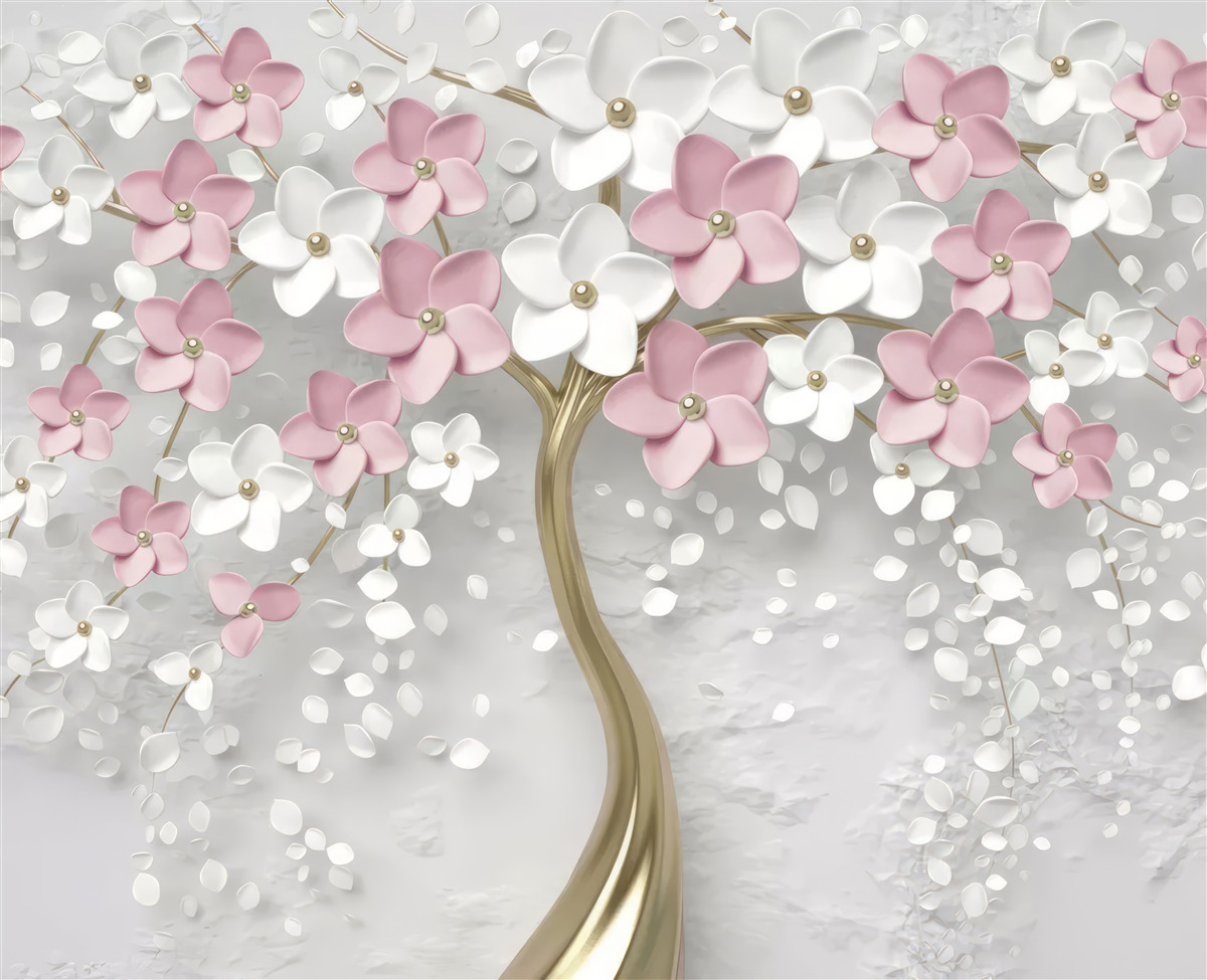 Papier peint petites fleurs blanches et roses sur un arbre aux feuilles dorées