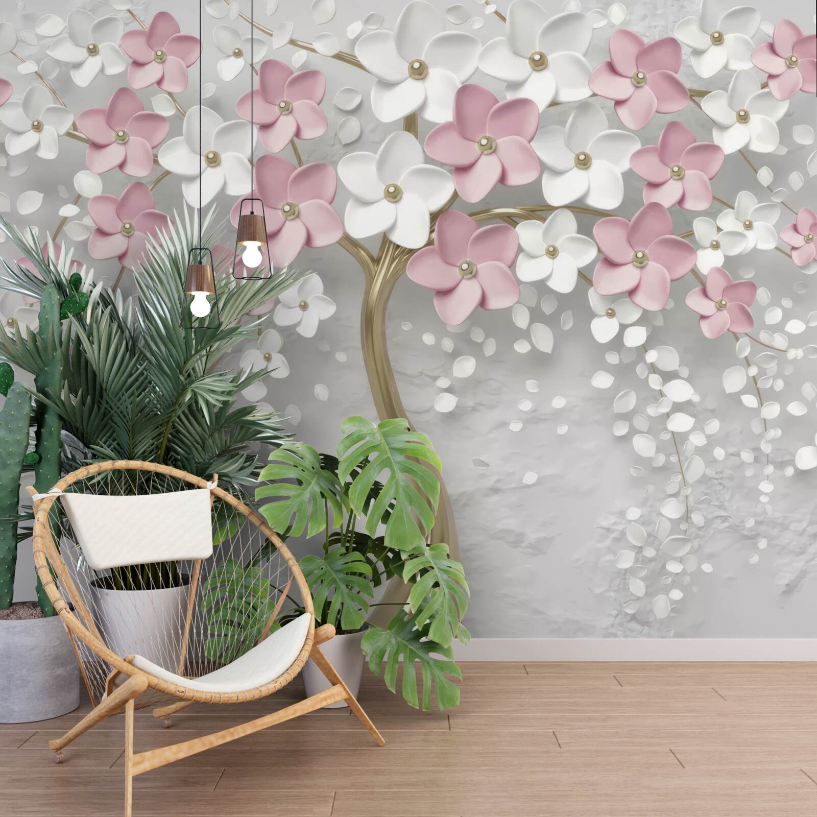 Papier peint petites fleurs blanches et roses sur un arbre aux feuilles dorées