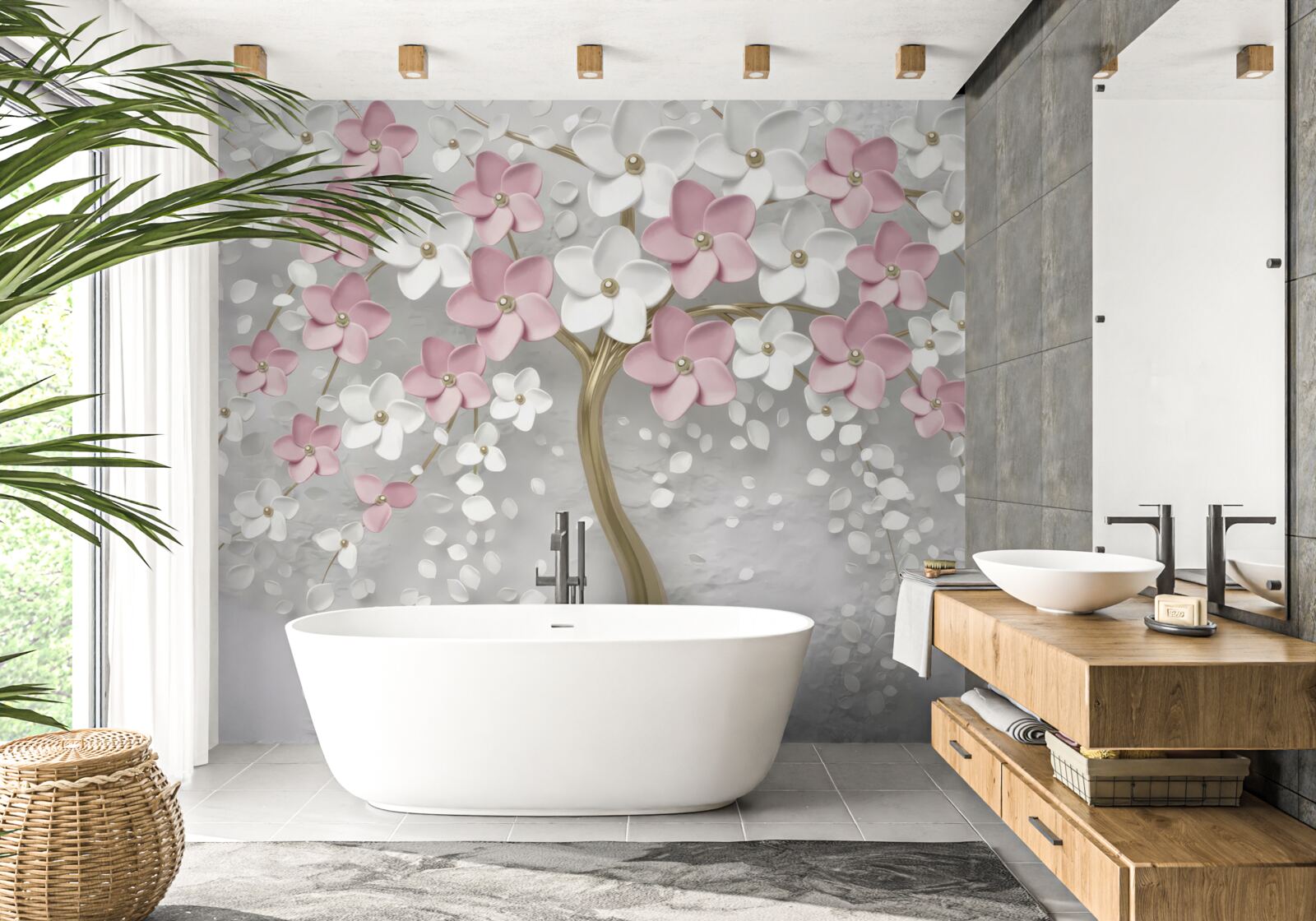 Papier peint petites fleurs blanches et roses sur un arbre aux feuilles dorées