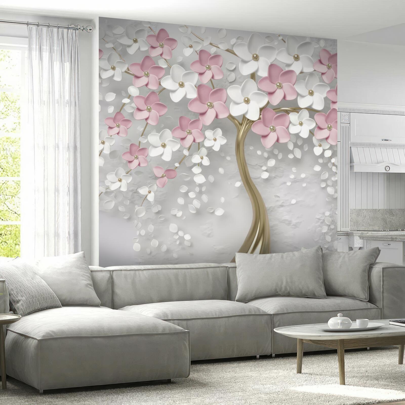 Papier peint petites fleurs blanches et roses sur un arbre aux feuilles dorées