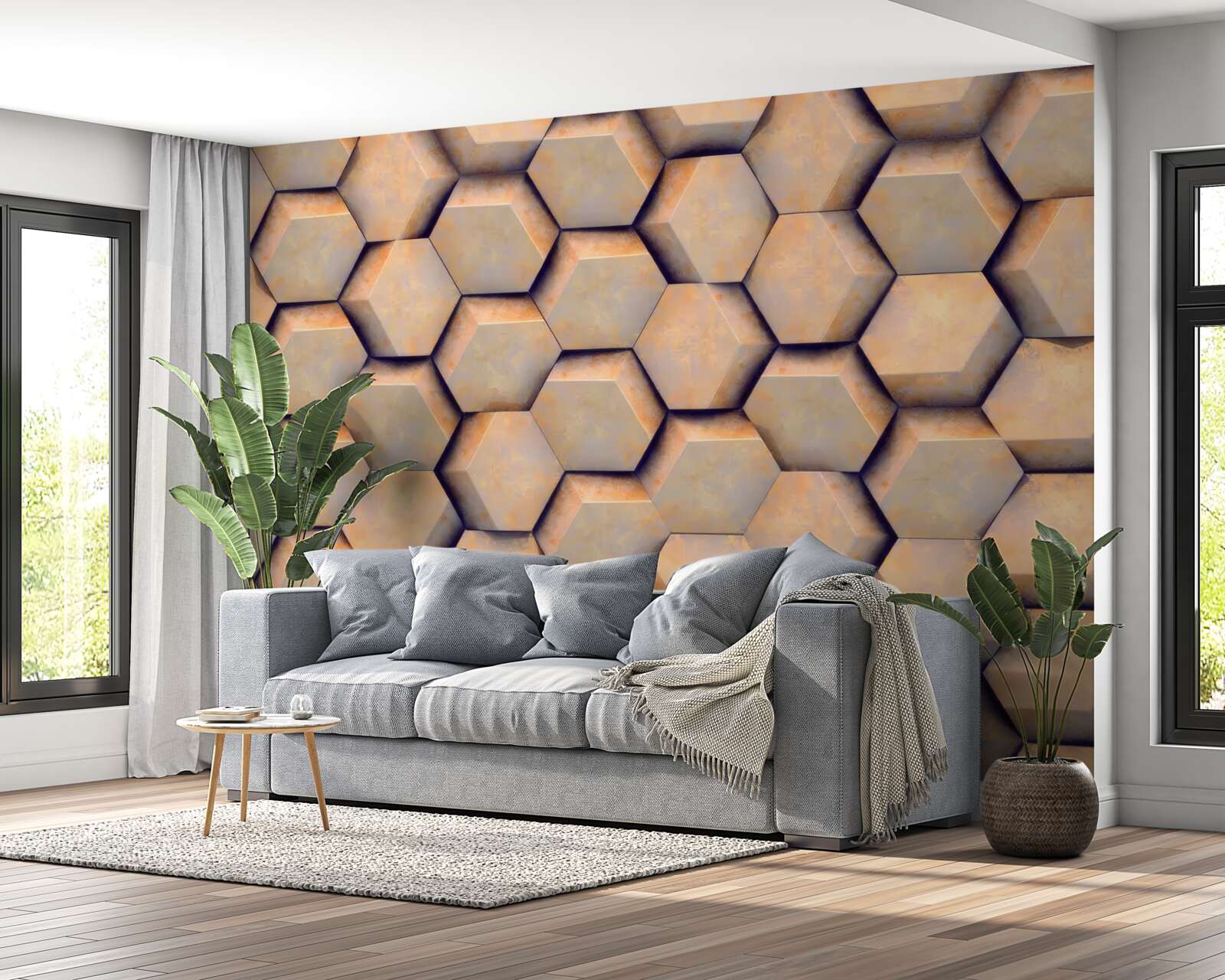 Papier peint hexagones bruns de forme tridimensionnelle
