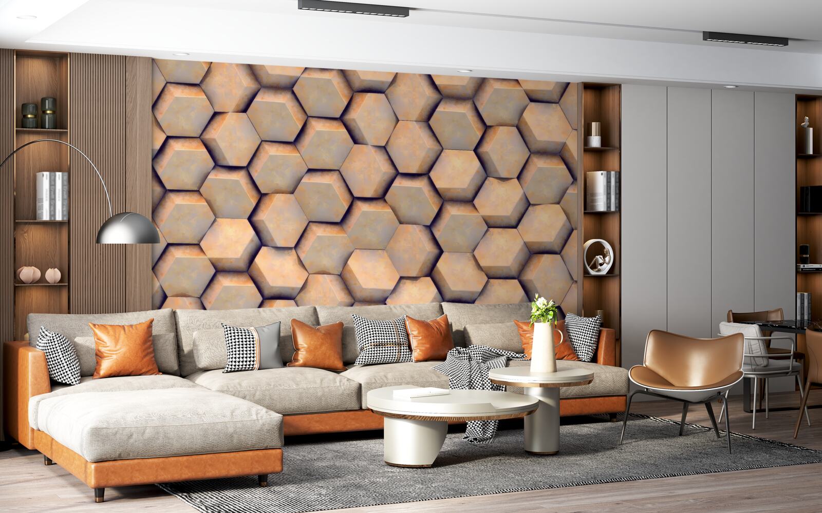 Papier peint hexagones bruns de forme tridimensionnelle