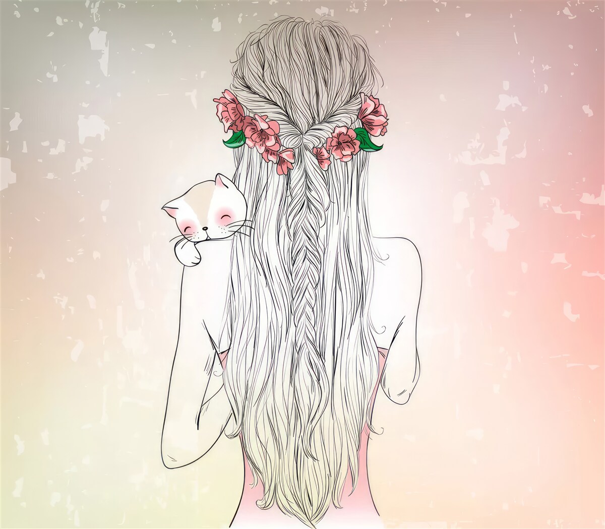 Papier peint une fille se tient debout en arrière, tenant un chat dans ses mains