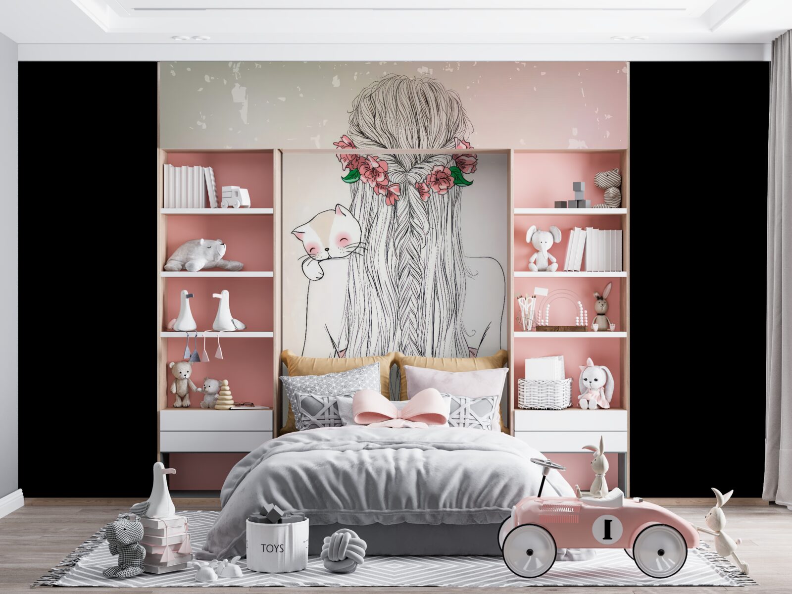 Papier peint une fille se tient debout en arrière, tenant un chat dans ses mains