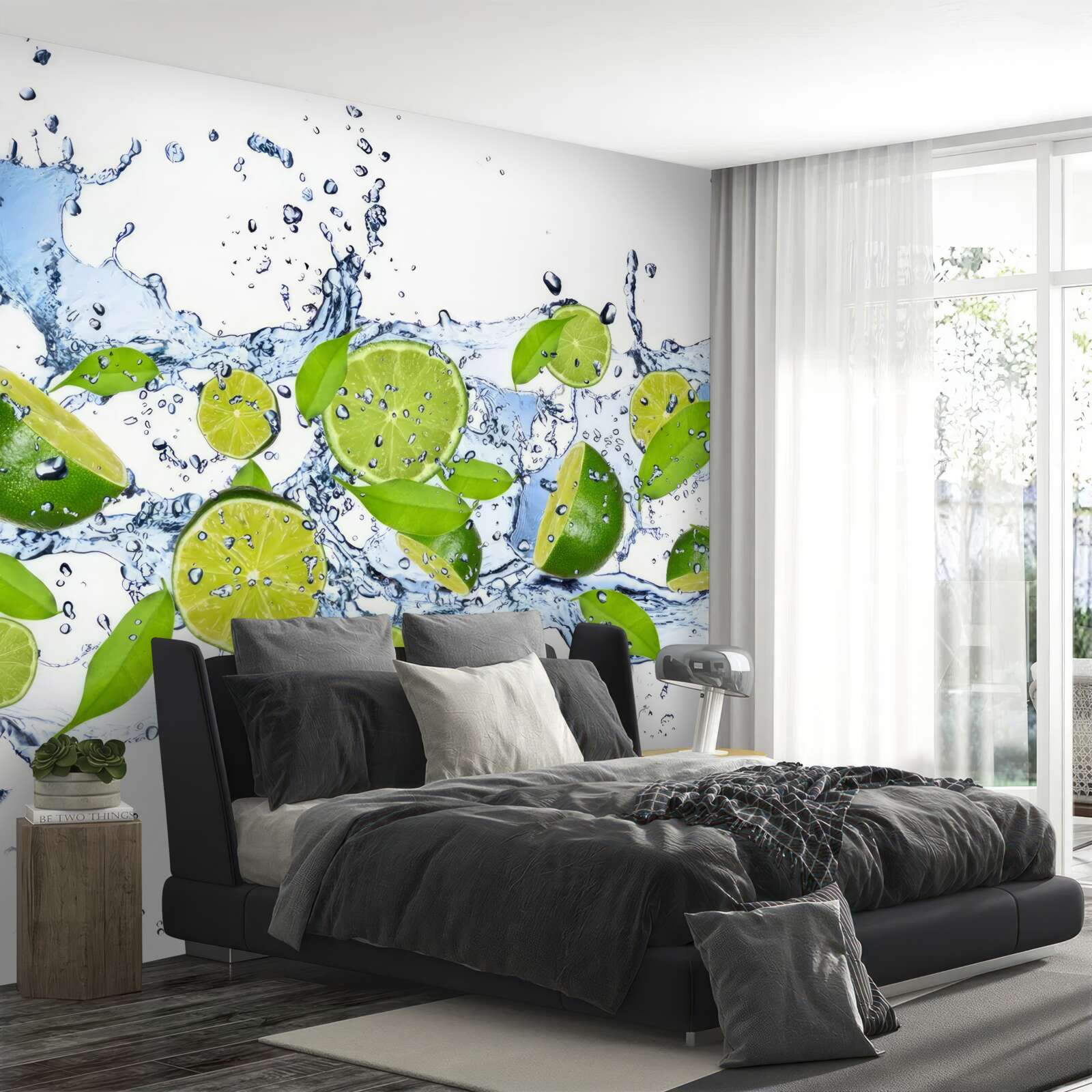 Papier peint citrons verts coupés en tranches et placés dans l'eau