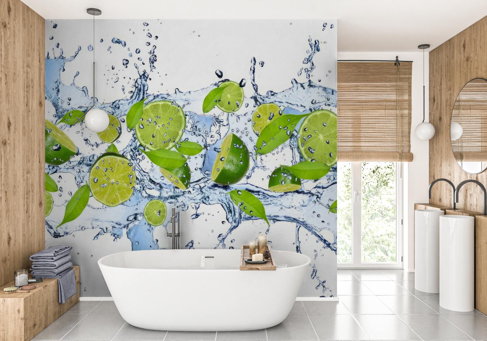 Papier peint citrons verts coupés en tranches et placés dans l'eau