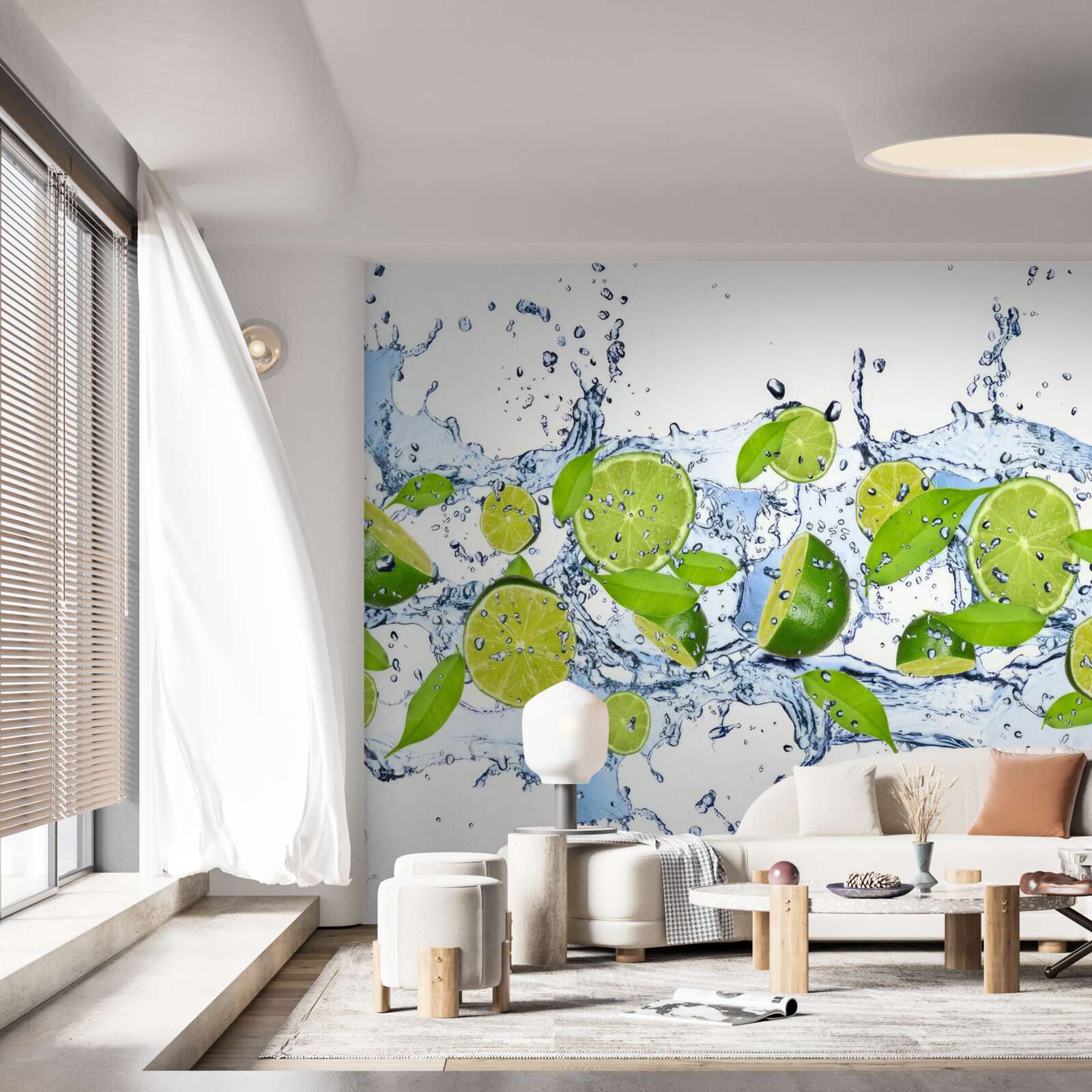 Papier peint citrons verts coupés en tranches et placés dans l'eau