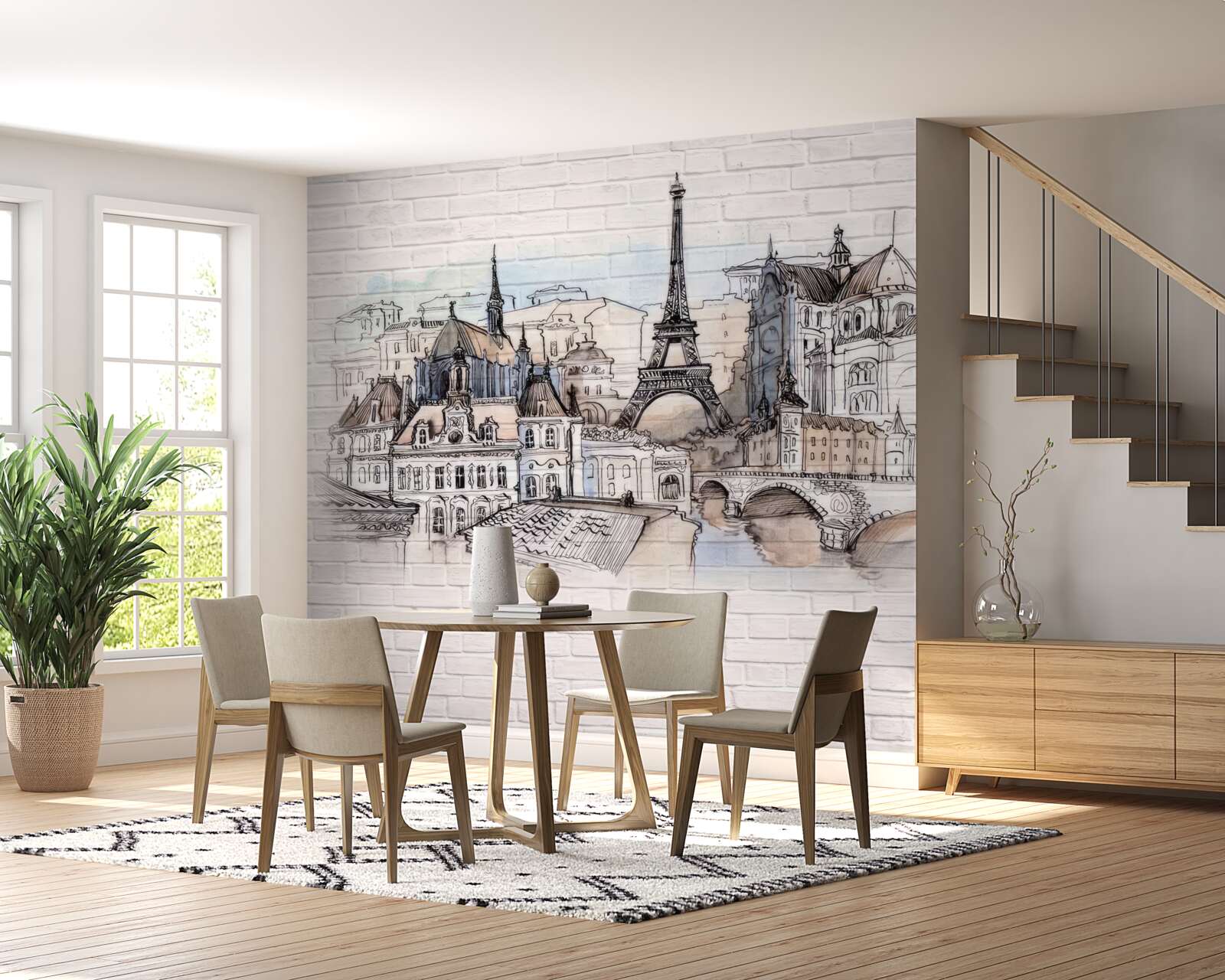 Papier peint image de paris sur un mur de briques