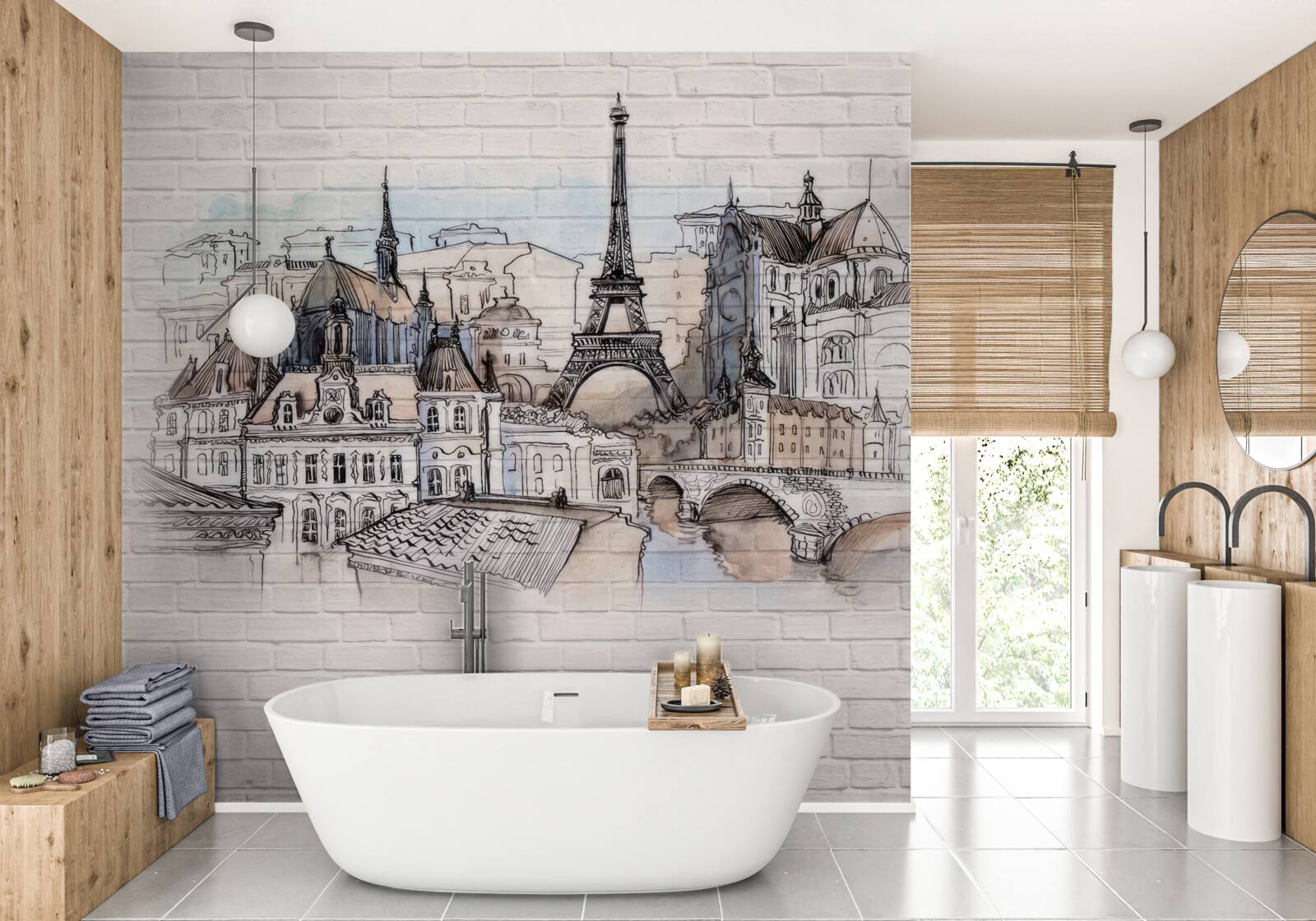 Papier peint image de paris sur un mur de briques