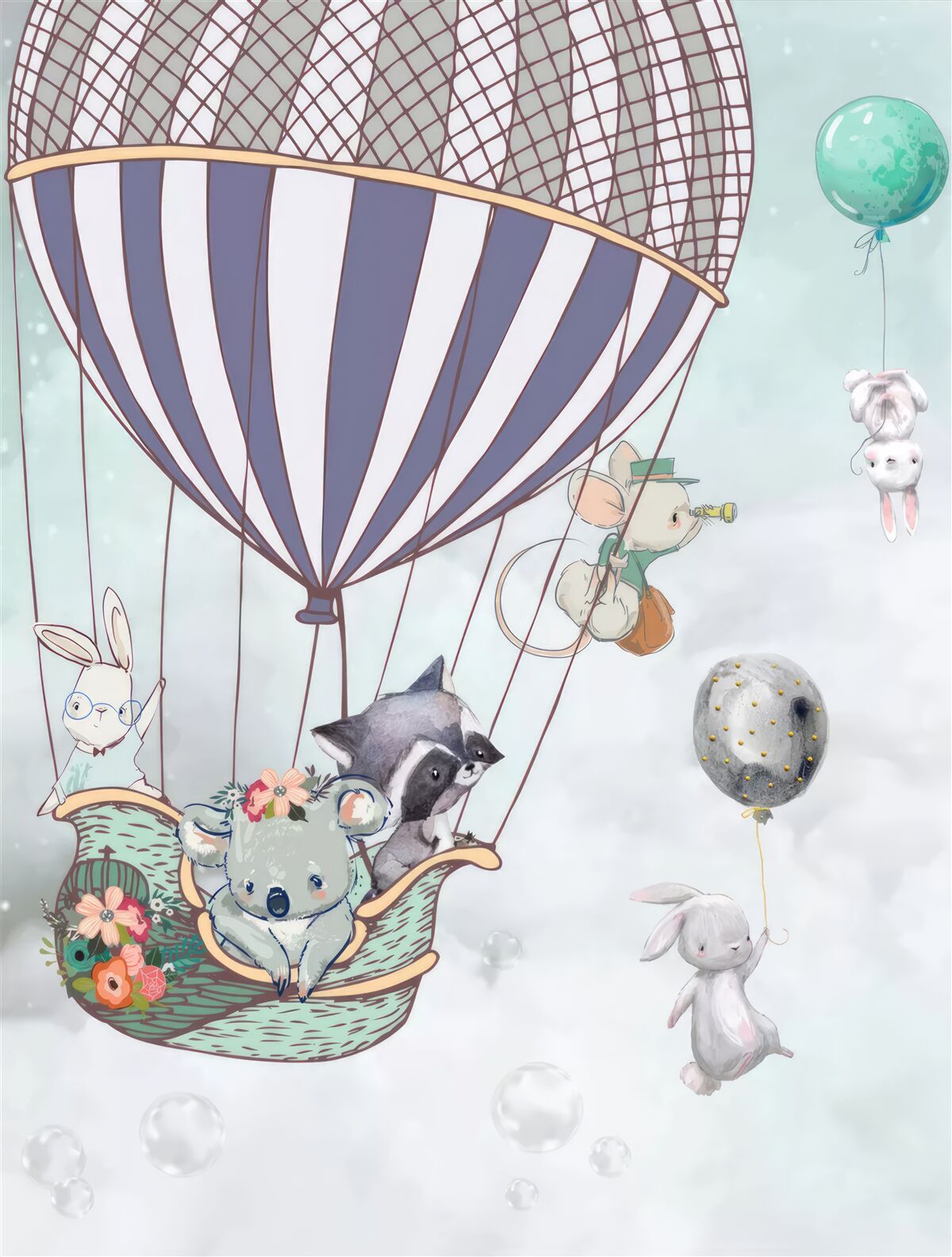 Papier peint des animaux voyagent dans une montgolfière avec des ballons flottant à côté d'eux