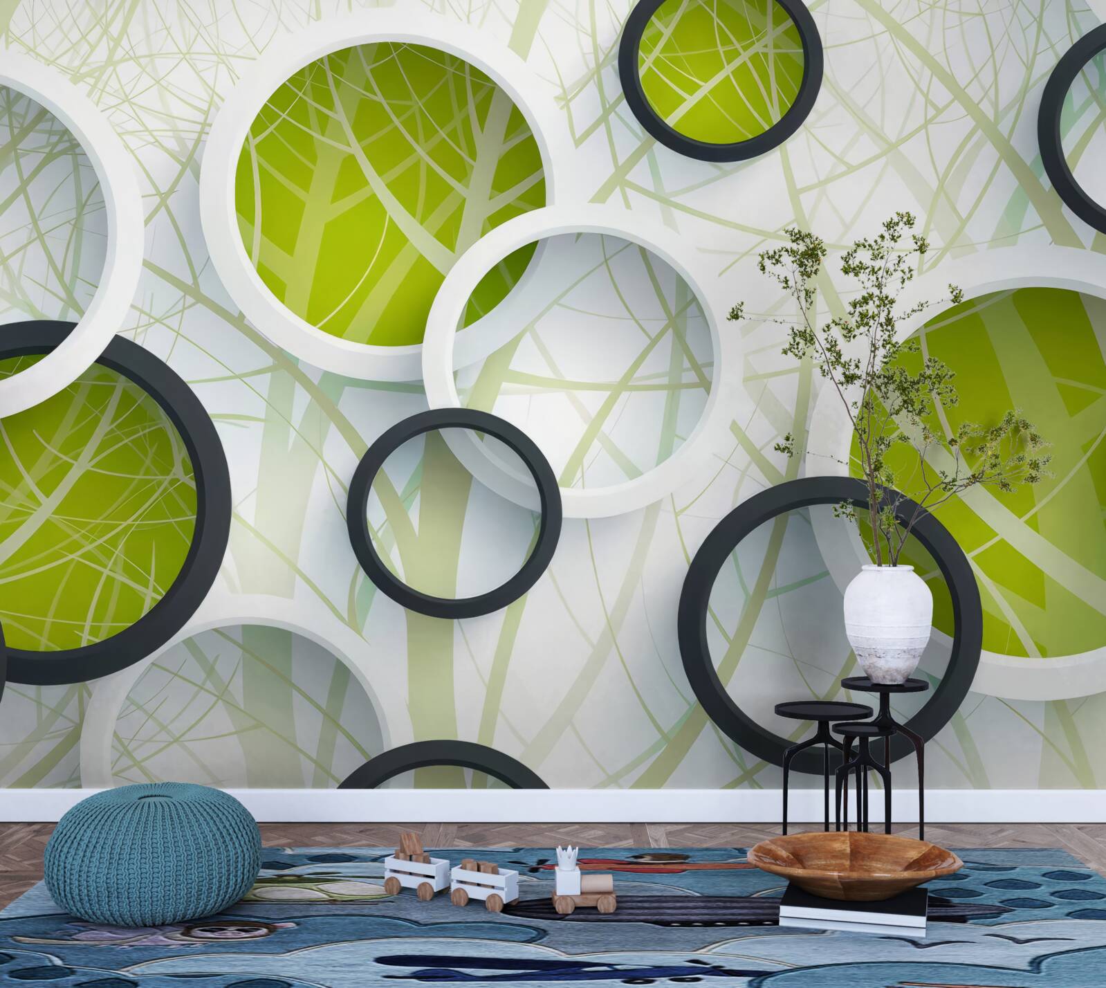 Papier peint fond composé de grands cercles noirs et blancs