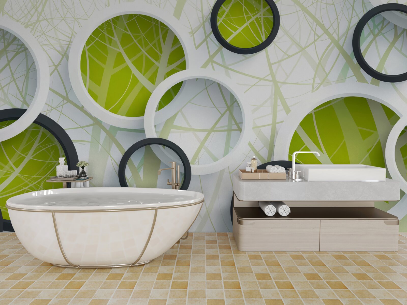 Papier peint fond composé de grands cercles noirs et blancs