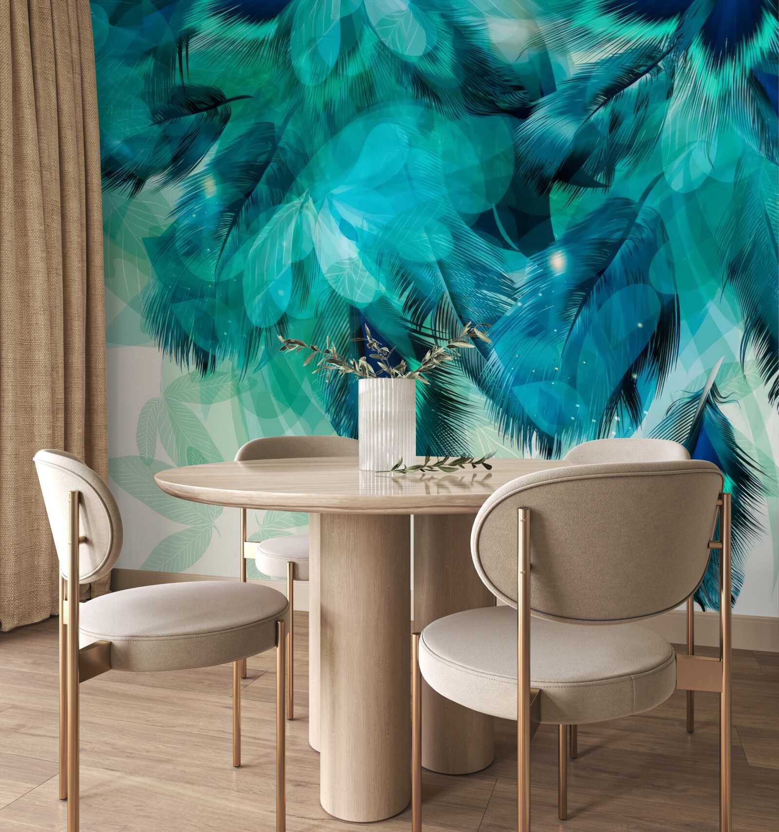 Papier peint plumes de paon de couleur turquoise