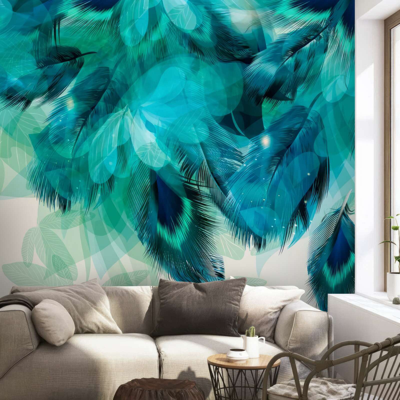 Papier peint plumes de paon de couleur turquoise