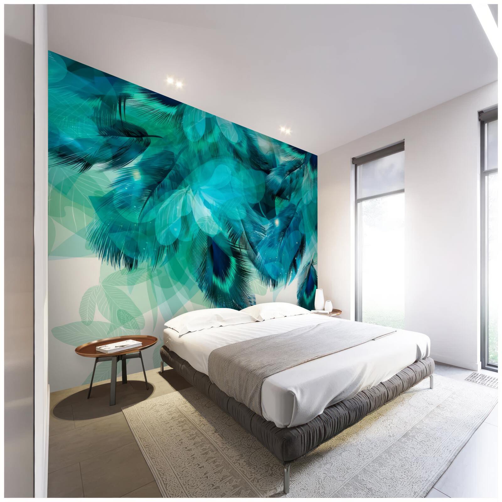 Papier peint plumes de paon de couleur turquoise