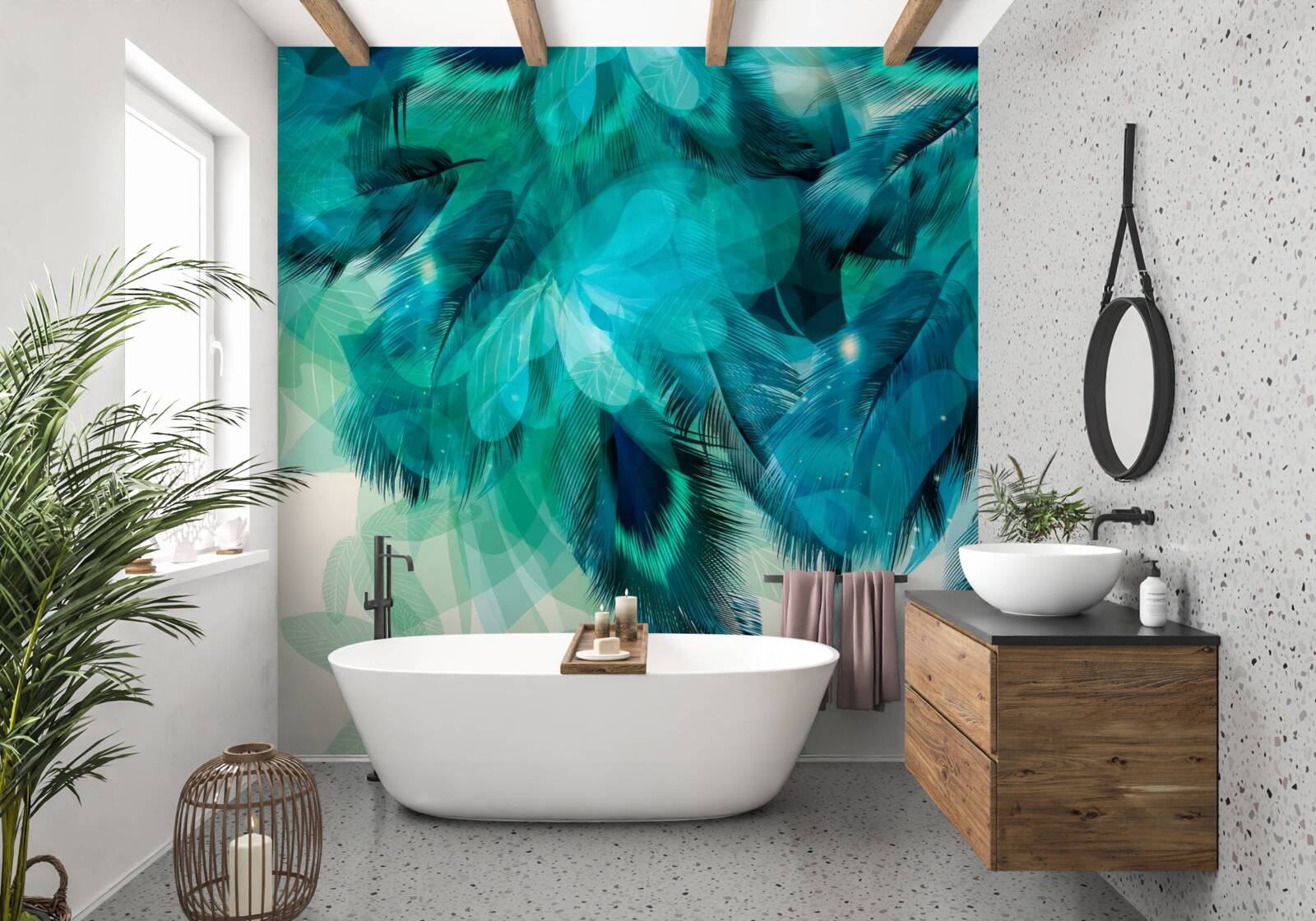 Papier peint plumes de paon de couleur turquoise