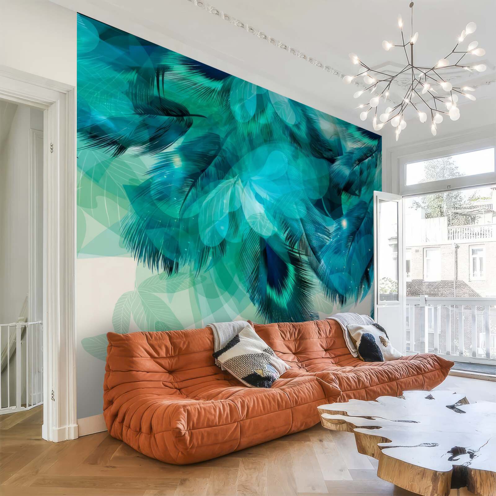 Papier peint plumes de paon de couleur turquoise