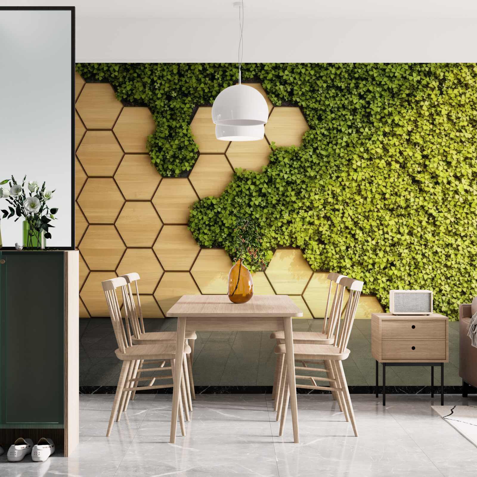 Papier peint lierre vert enroulé autour d'un mur brun