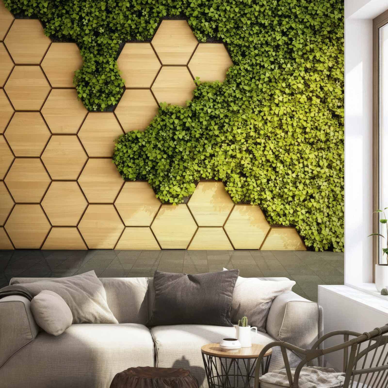 Papier peint lierre vert enroulé autour d'un mur brun