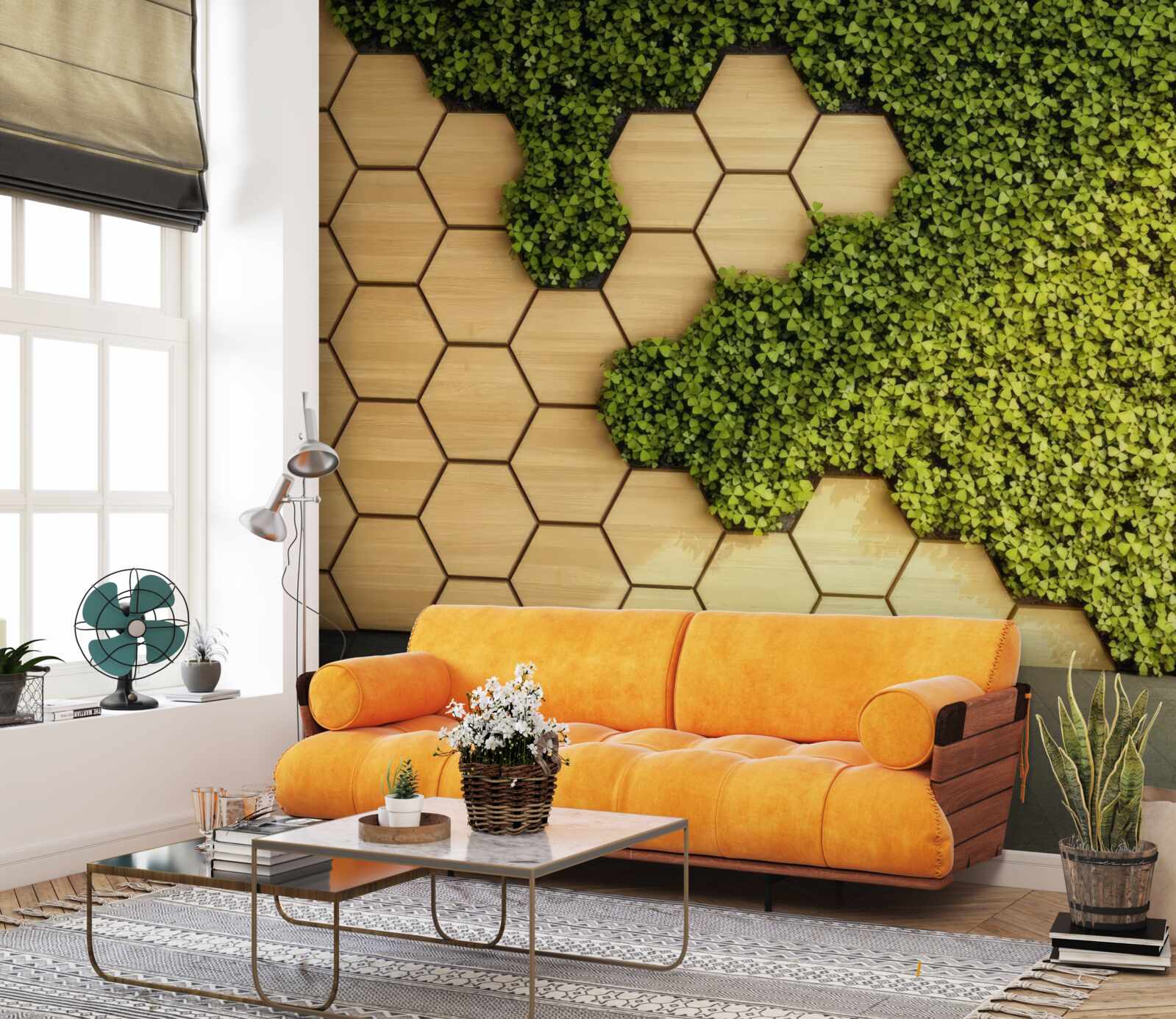 Papier peint lierre vert enroulé autour d'un mur brun