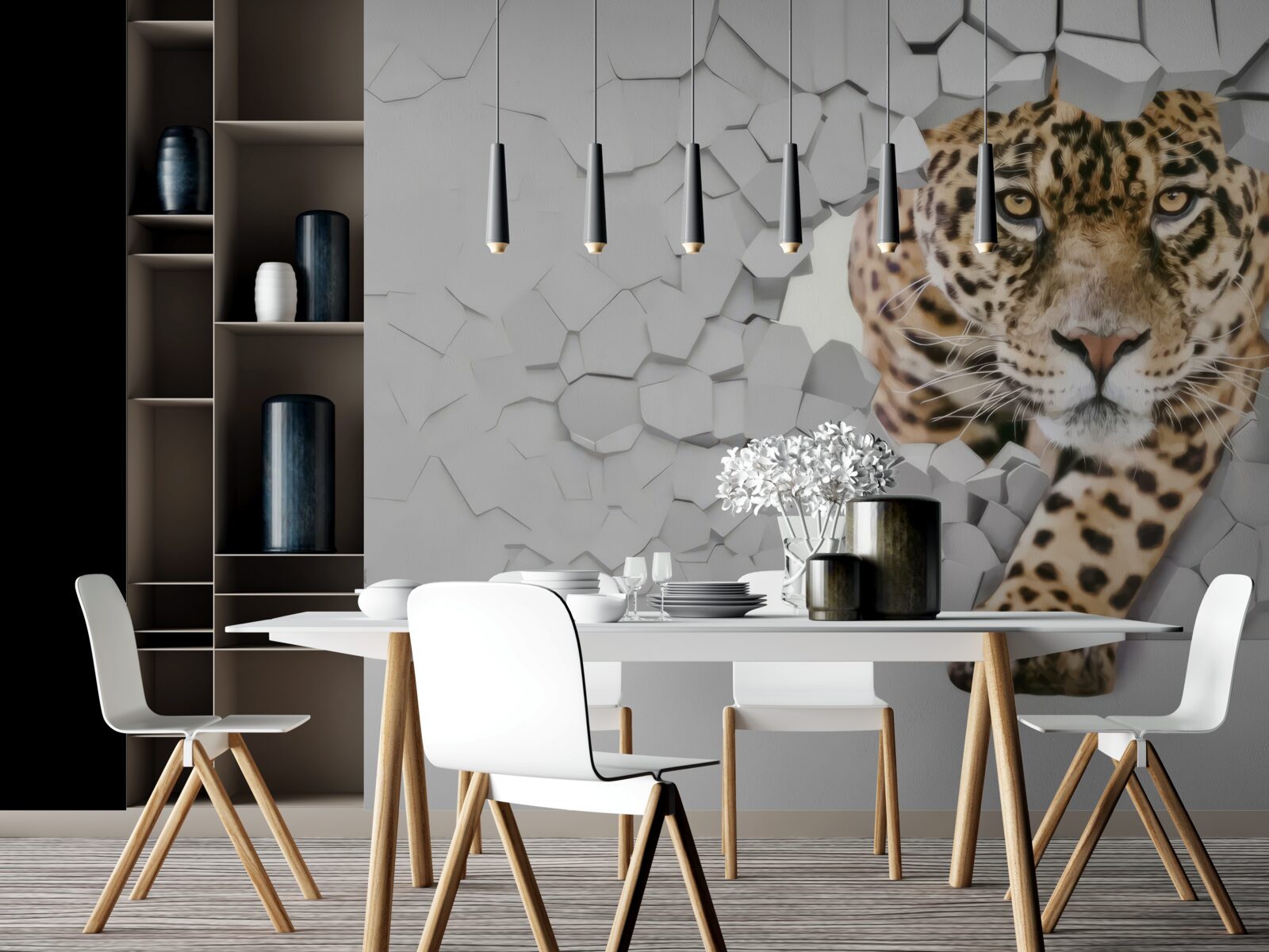 Papier peint un léopard émerge d'un mur blanc