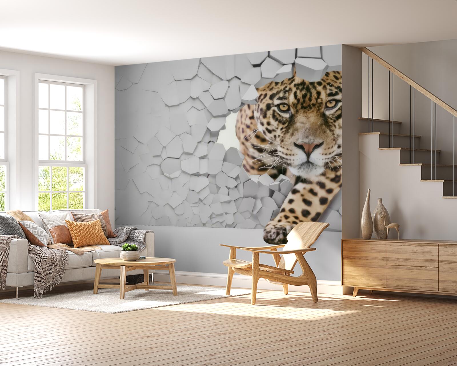 Papier peint un léopard émerge d'un mur blanc