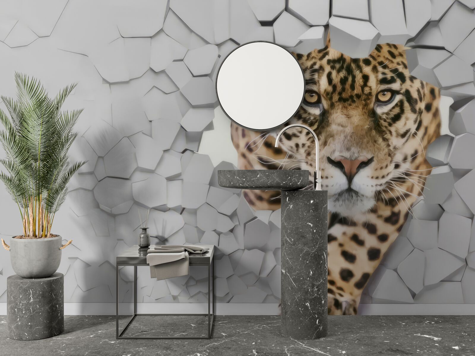 Papier peint un léopard émerge d'un mur blanc