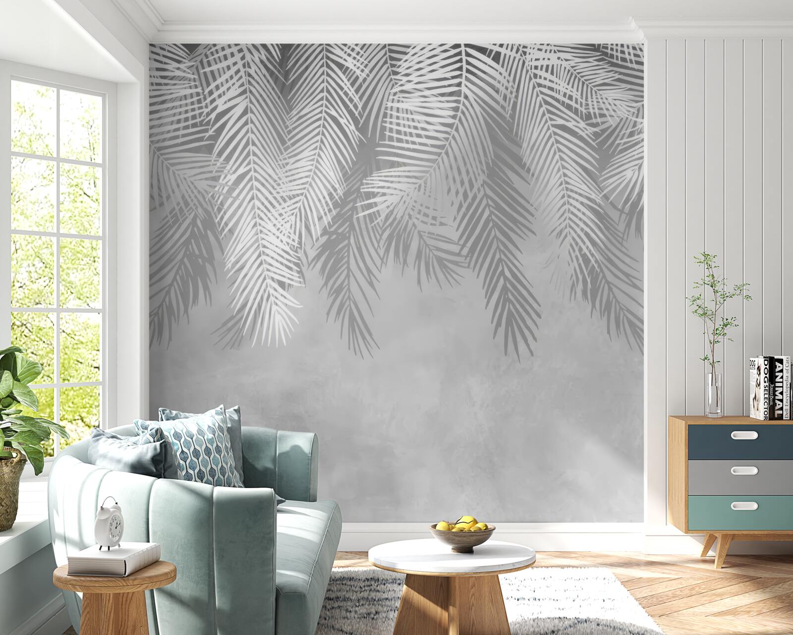 Papier peint grandes feuilles de fougère blanche pendantes